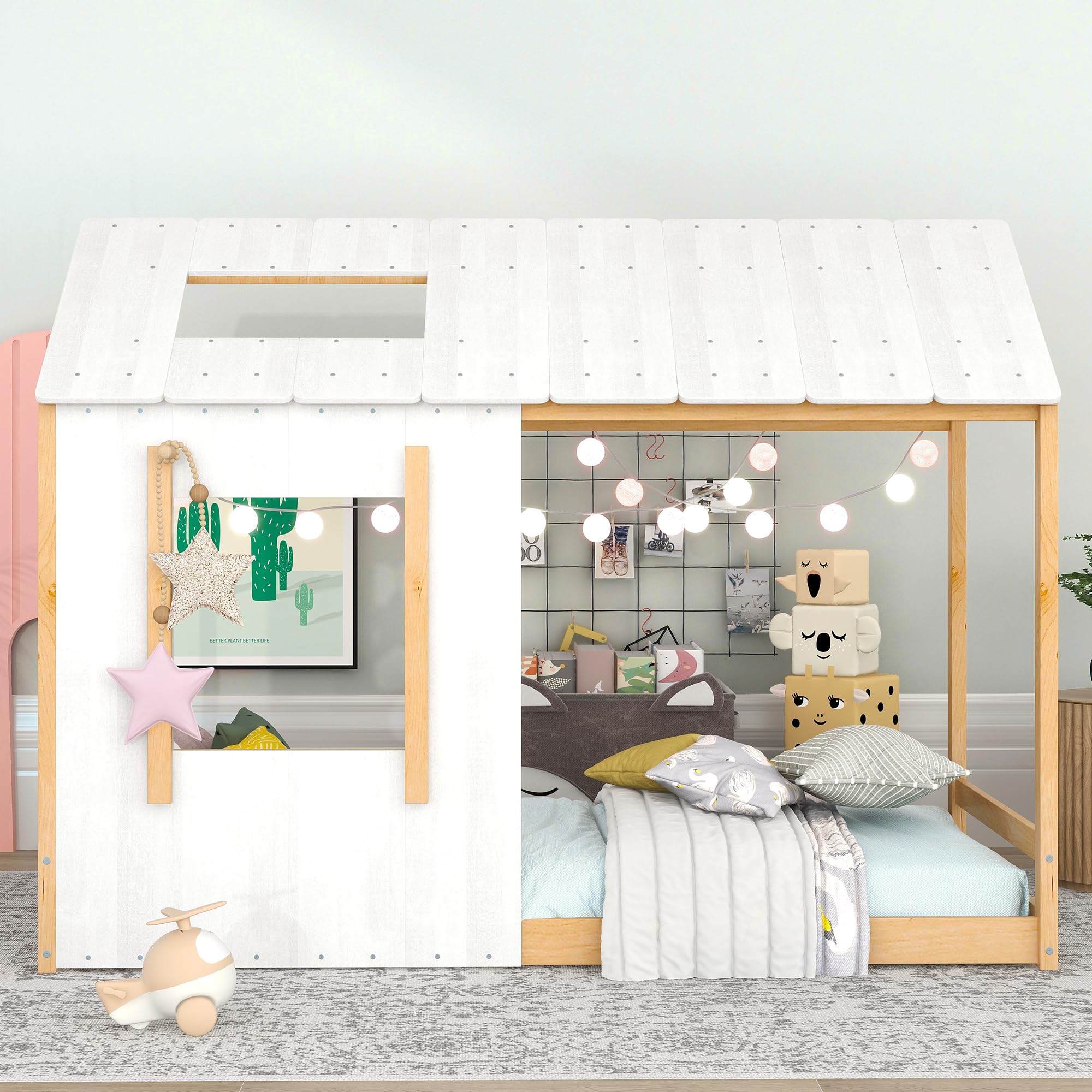 Montessori Twin Size Floor Bed Frame for Kids - Wooden House Bed with Headboard & Roof, No Slats Required - Natural Antique White - Perfect for Toddler Rooms, Daycare Centers & Montessori Classrooms