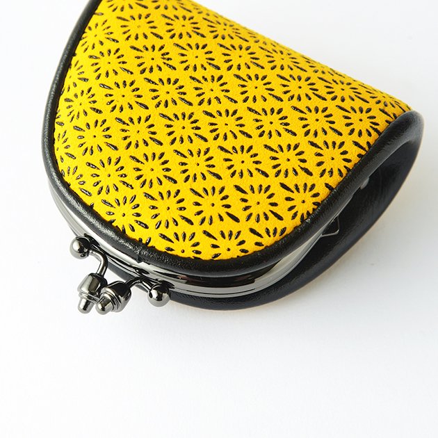 Japanese Koshu Inden Deerskin Leather Coin Purse with Urushi Lacquer Clasp - Chrysanthemum Crest Pattern in Yellow | Handmade in Japan | Traditional Gamaguchi Change Purse for Everyday Use, Gift Giving & Collectors