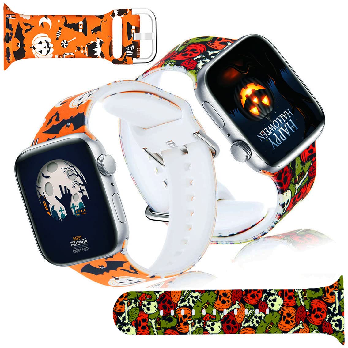 Halloween Apple Watch Bands 2 Pack - Skull Pattern Silicone Sport Strap Compatible with iWatch Series 8/7/6/5/4/3/2/1/SE (38mm/40mm/41mm/42mm/44mm/45mm/49mm) - Waterproof Soft Wristband for Women - Perfect for Halloween Parties, Costume Accessories & Spooky Gift Ideas