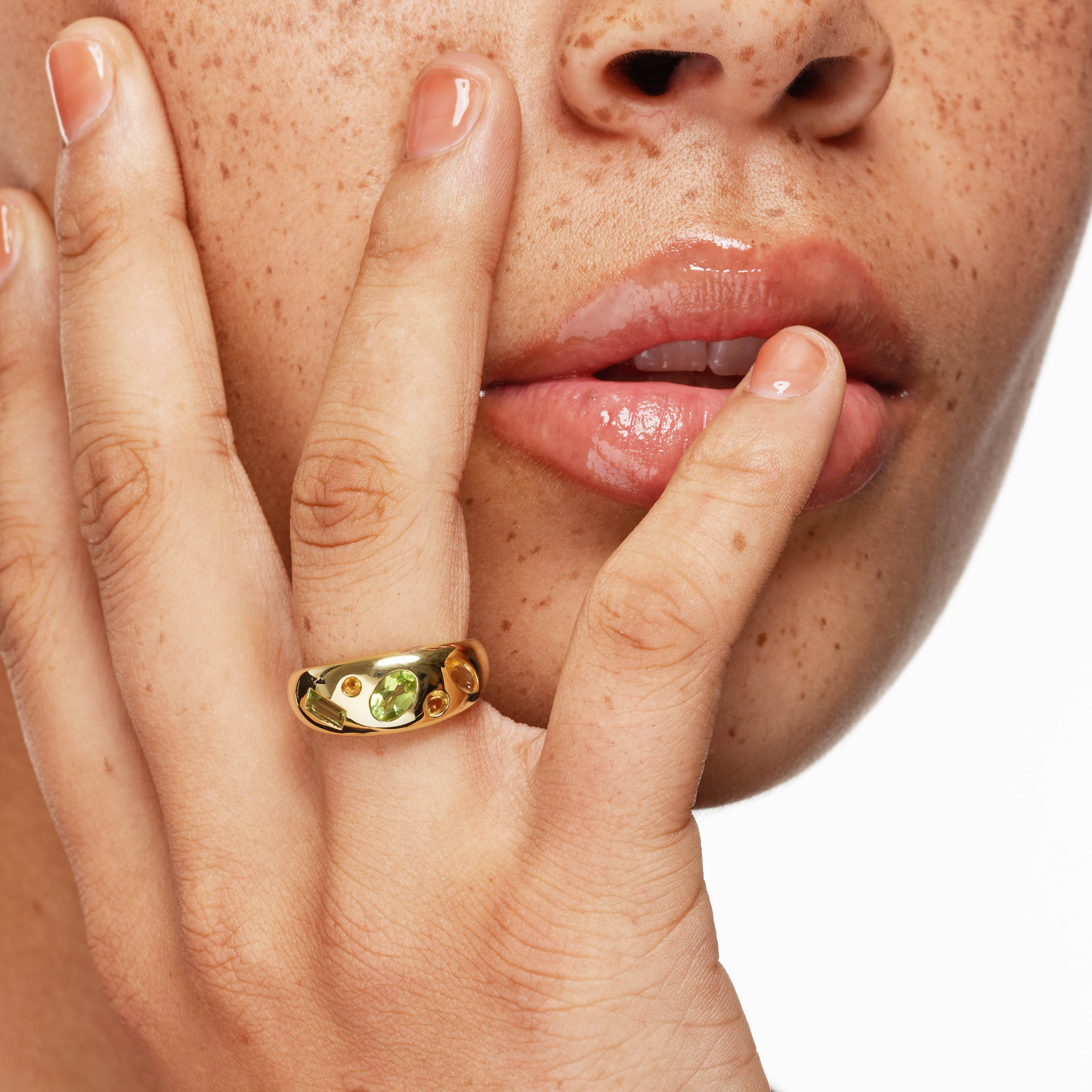Peridot Multi Gemstone Curve Gypsy Ring in Gold - Elegant Bohemian Jewelry for Women, Perfect for Weddings, Parties & Everyday Wear