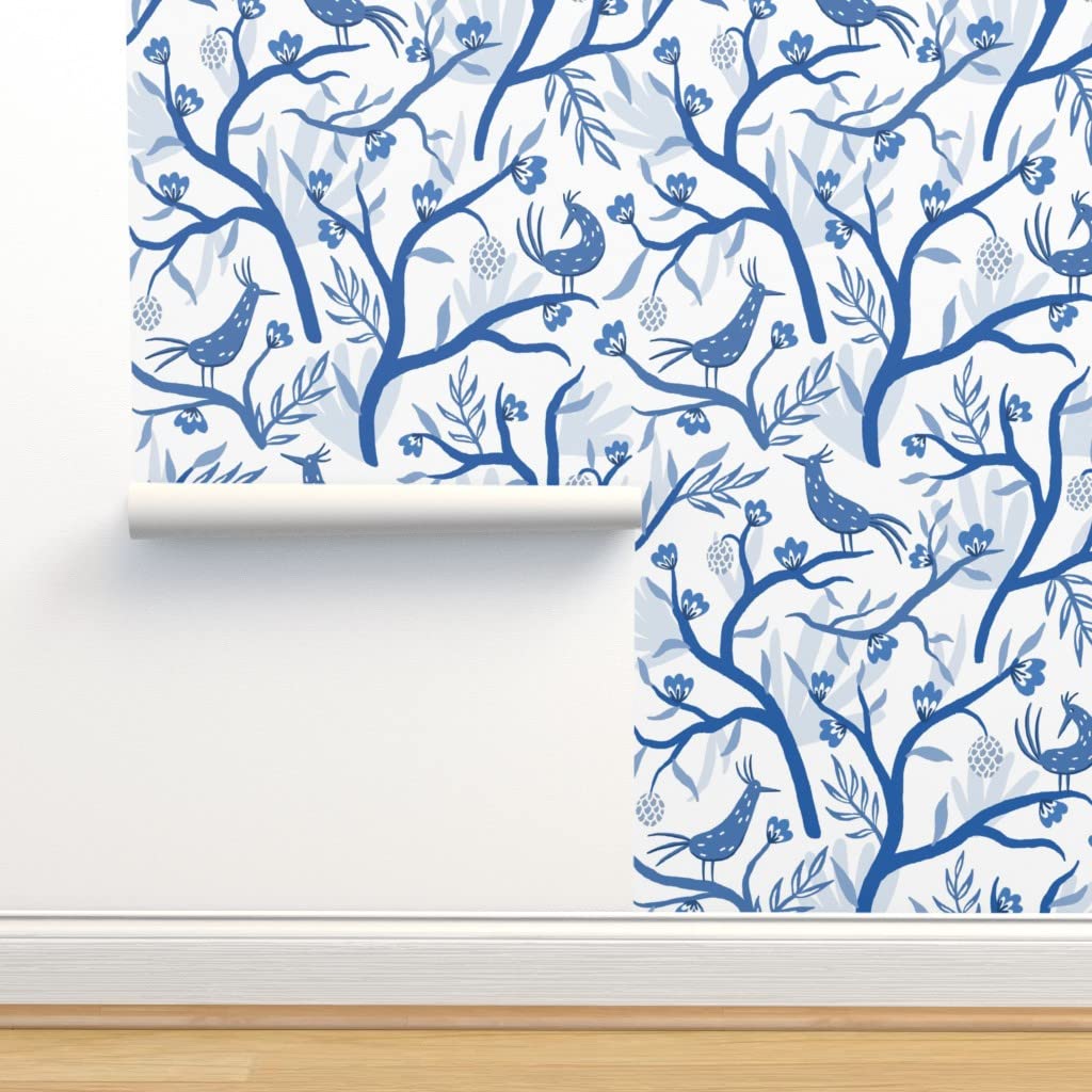Peel & Stick Wallpaper Swatch - Blue Garden Chinoiserie Bird White Tree Leaves Botanical Chinese Custom Removable Wallpaper | Self-Adhesive Wall Decor for Bedroom, Living Room & Nursery | Spoonflower
