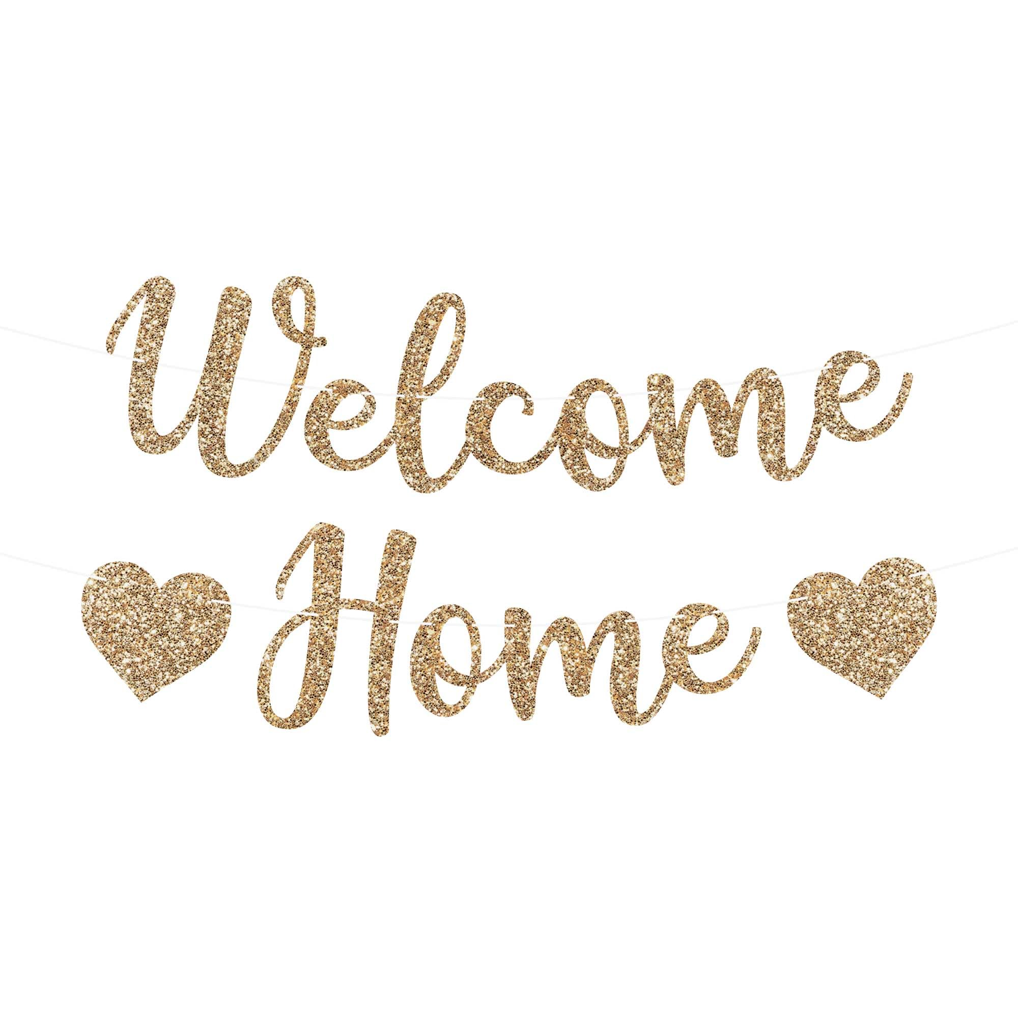 Gold Glitter Welcome Home Banner - Pre-Strung 6ft Ready-to-Hang Decor for Housewarming, Homecoming & Military Return Parties - Perfect for Front Door, Fireplace & Party Backdrop Decorations