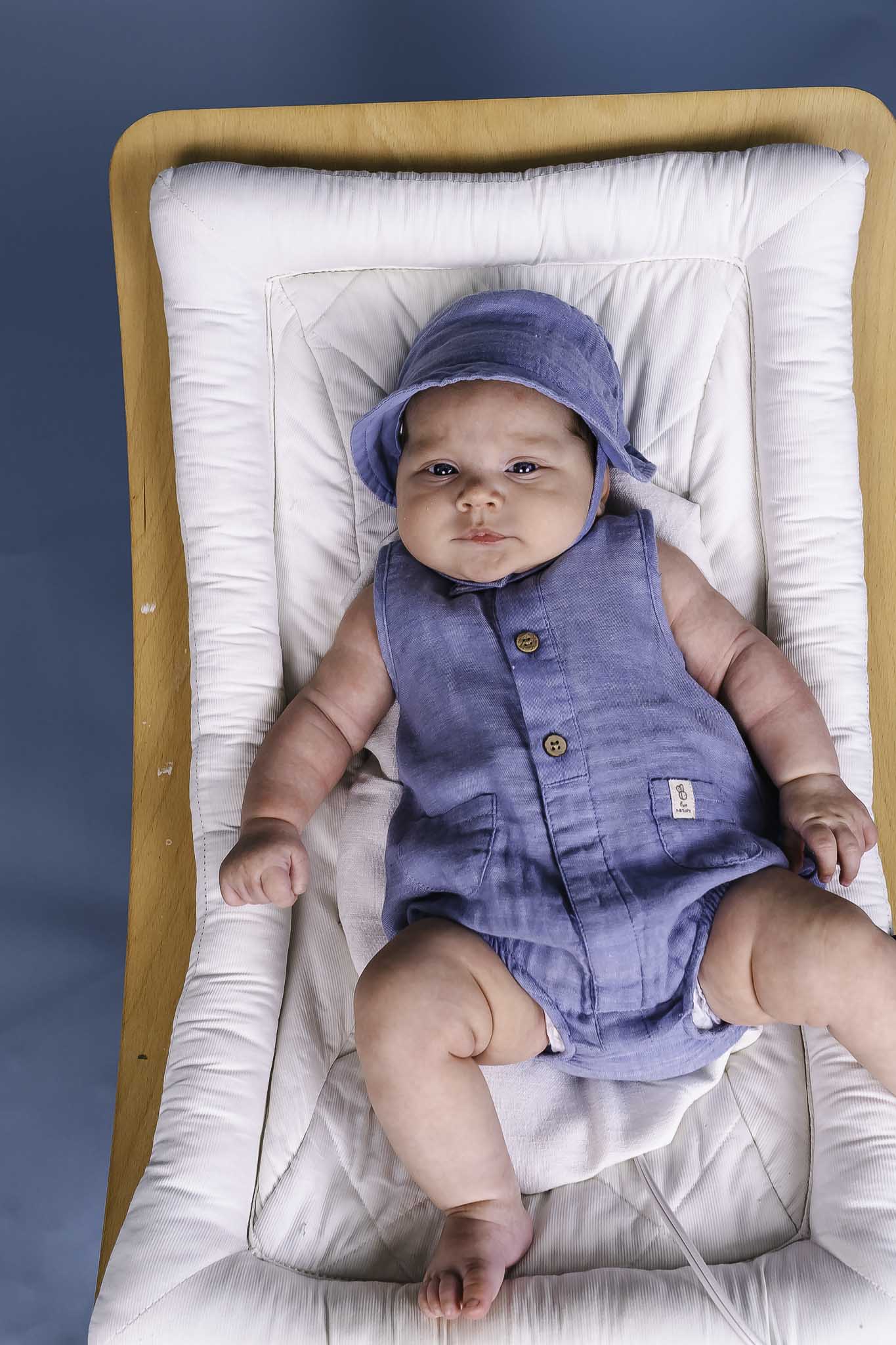 Baby Boy Denim Bubble Romper with Hat - Soft & Stylish Outfit for Newborns, Infants - Perfect for Photos, Parties & Everyday Wear