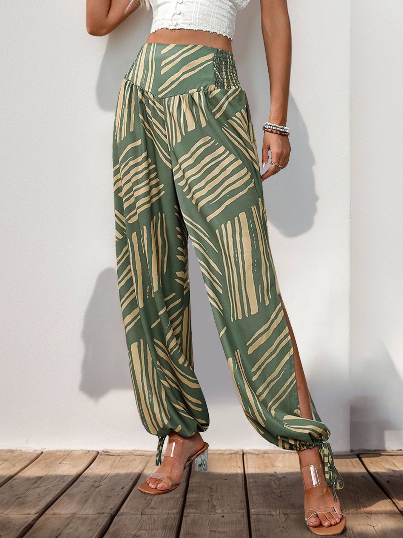 Slit Printed High Waist Vacation Pants for Women - Comfortable Beach Trousers with Side Slits, Perfect for Summer Travel, Resort Wear & Tropical Getaways