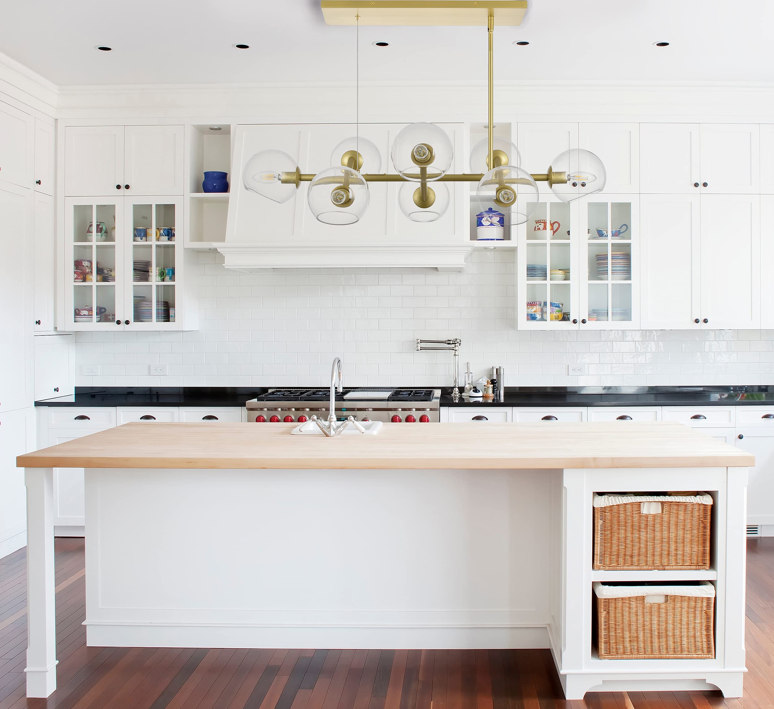 8-Light Gold Modern Rectangular Chandelier - Farmhouse Dining Room Light Fixture with Clear Glass Globes - UL Listed - Perfect for Kitchen Islands, Dining Tables & Open Concept Living Spaces