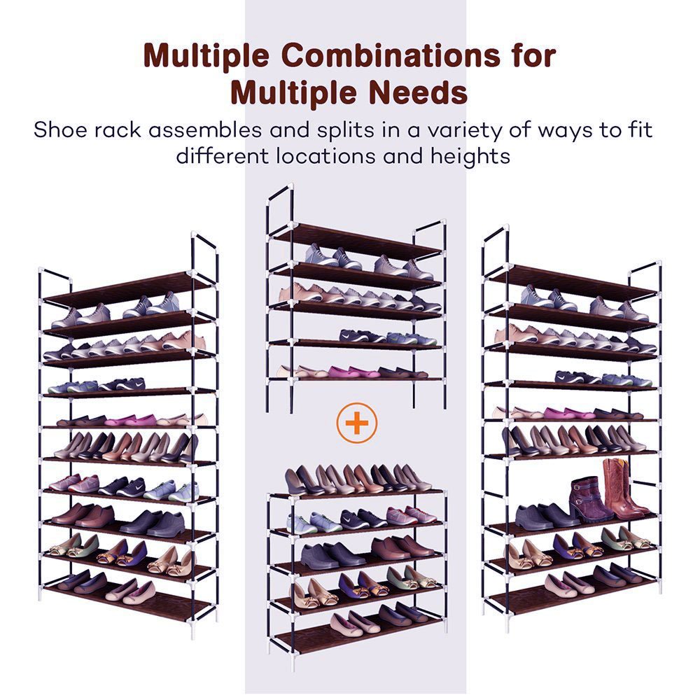 WEI WEI GLOBAL 10-Tier Shoe Rack Organizer - Space Saving Non-Woven Fabric Shoe Storage Cabinet for 50 Pairs - Dark Brown Shoe Tower Shelf for Closet, Bedroom & Entryway Organization