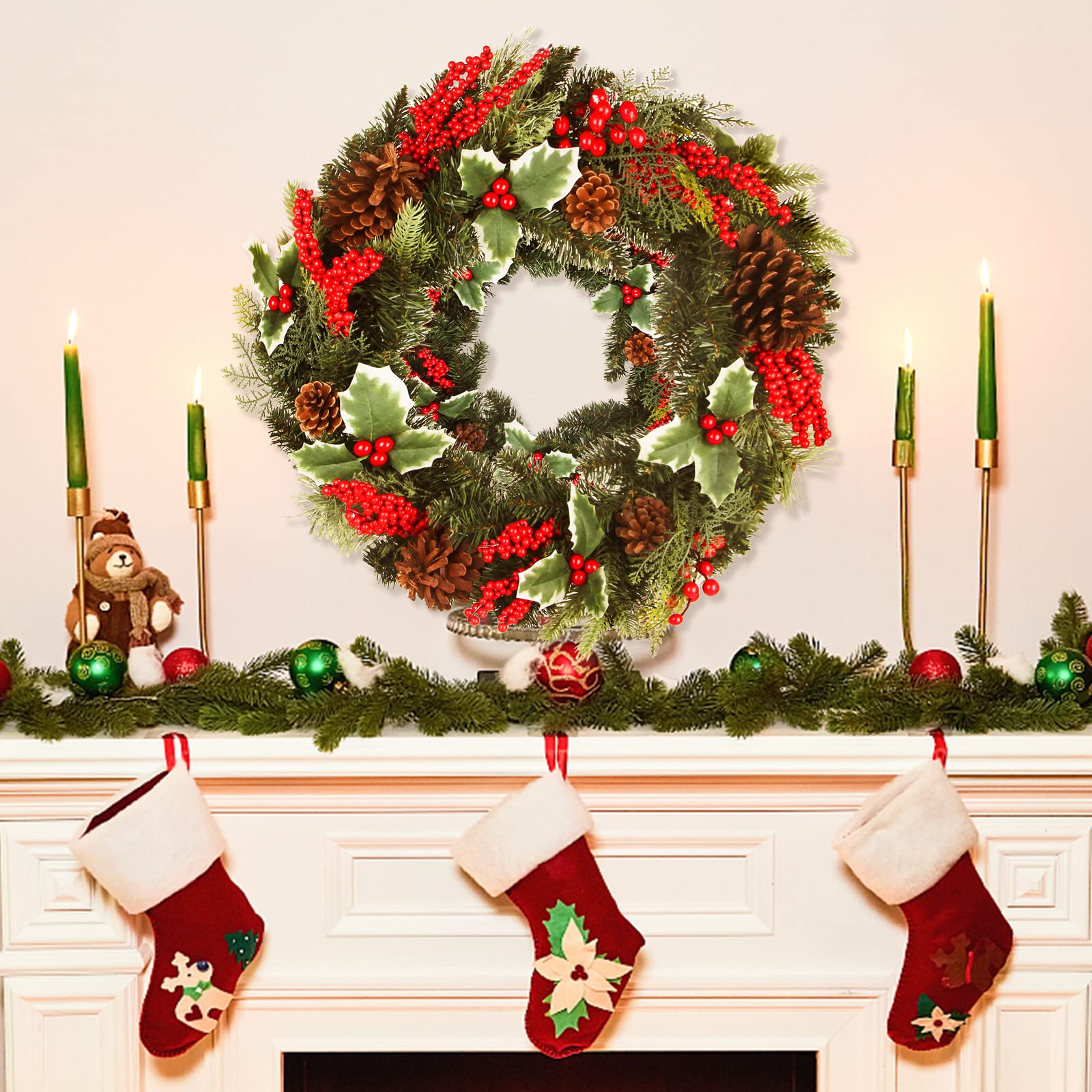 24 Inch Christmas Wreath with Artificial Eucalyptus, Berries & Pine Branches - Green Leaf Holiday Wreath for Front Door - Indoor Outdoor Xmas Decor for Home, Parties & Seasonal Celebrations