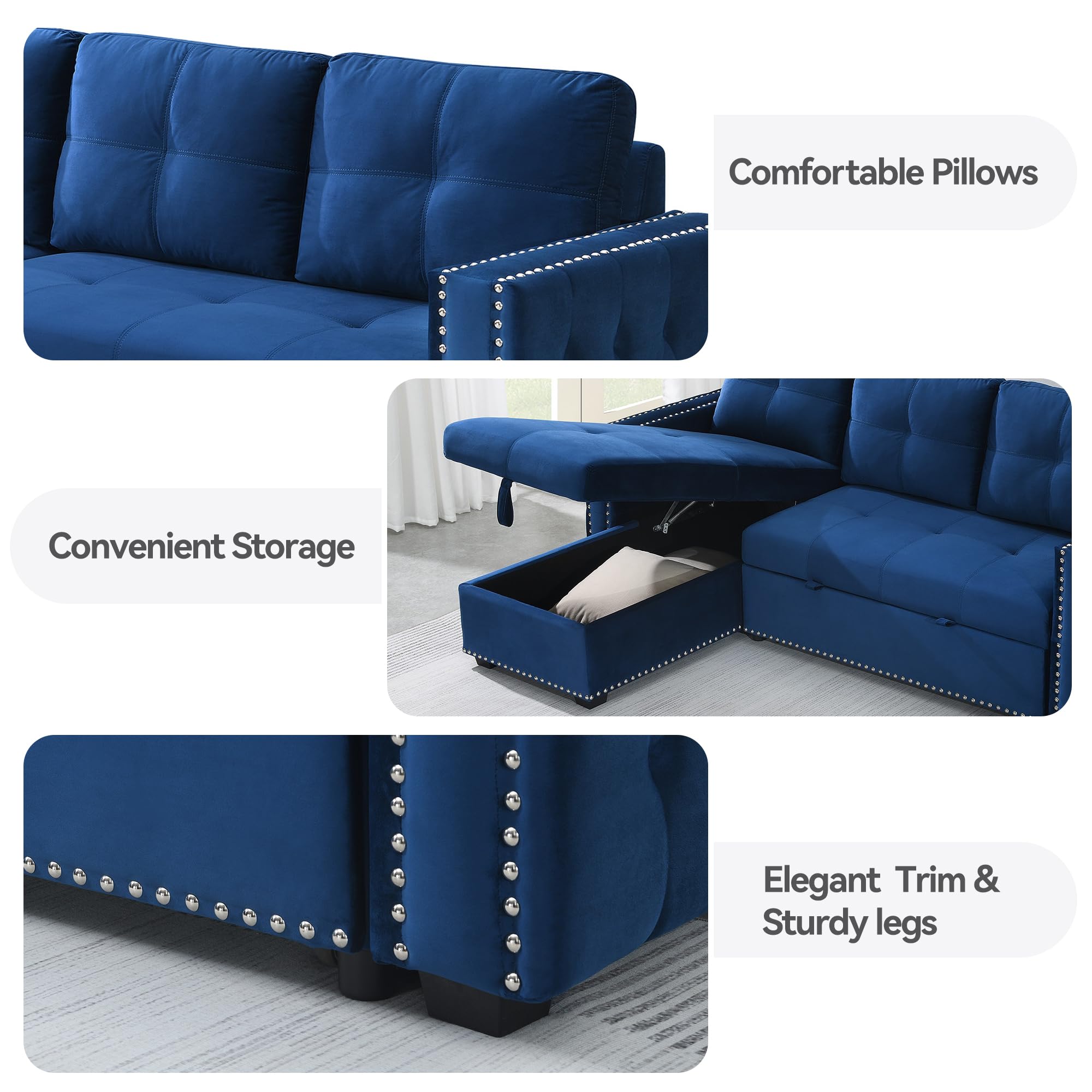 Modern L-Shape Sectional Sleeper Sofa with Pull-Out Bed & Storage - Queen Size 91