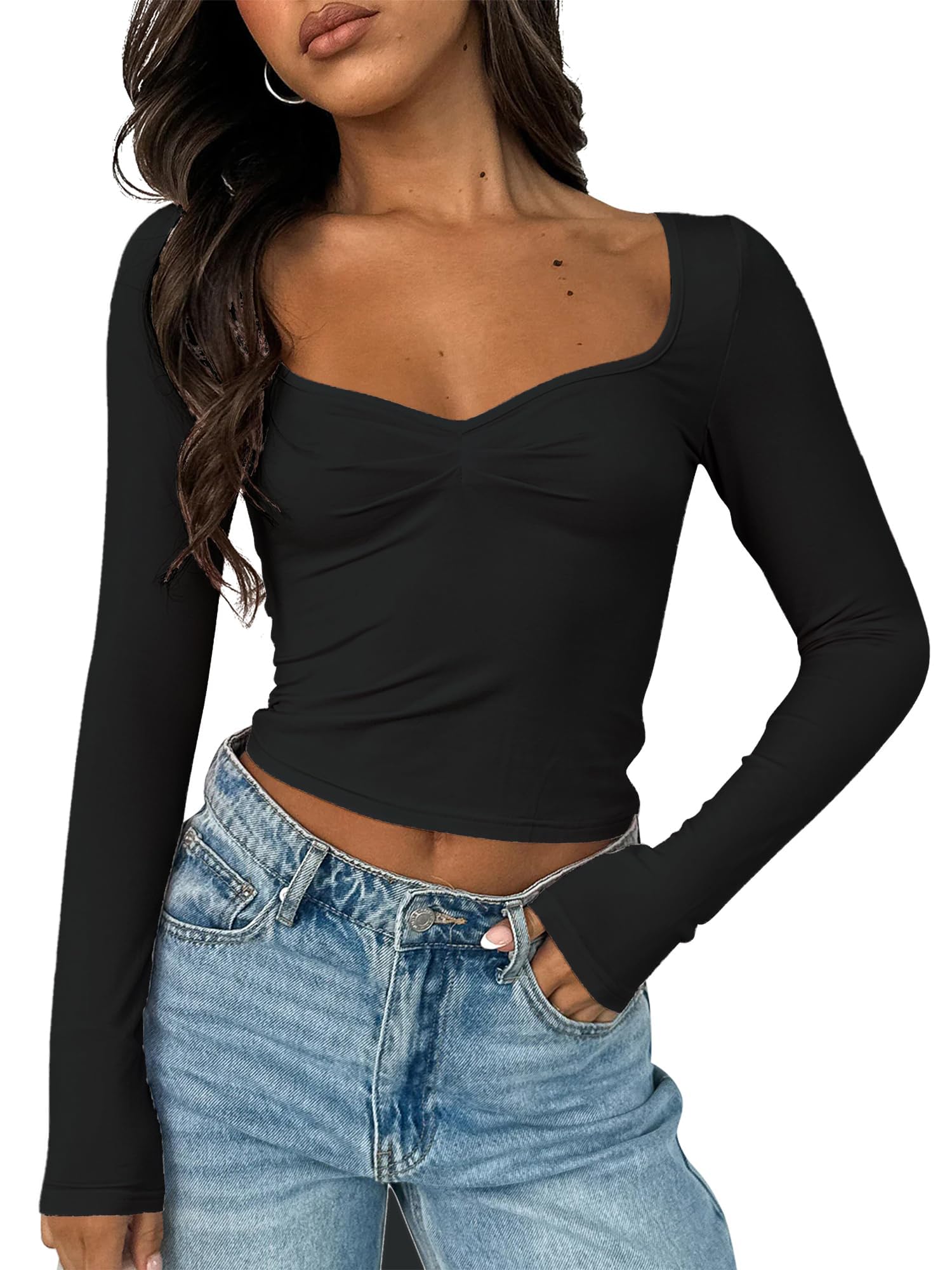 ForeFair Women's Sexy Long Sleeve Bustier Top with Sweetheart Neck & Pleated Detail | Y2K Cropped Shirt for Clubbing, Date Night & Party Outfits