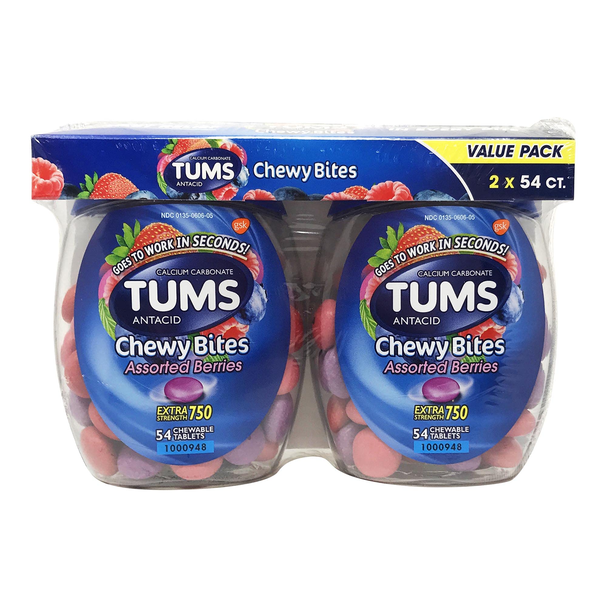 TUMS Chewy Bites Extra Strength Antacid Tablets - Fast Heartburn & Acid Indigestion Relief - Mixed Fruit Flavor - 54 Count (Pack of 2) - Perfect for Post-Meal Discomfort & Occasional Heartburn Relief
