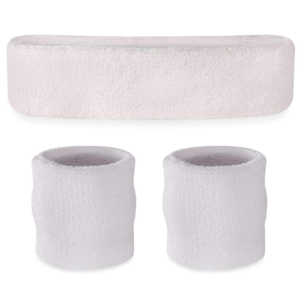 Suddora White Sweatband Set - 1 Headband & 2 Wristbands - Breathable Cotton Terry Cloth Sports Sweatbands for Men & Women - Perfect for Basketball, Tennis, Running & Workouts