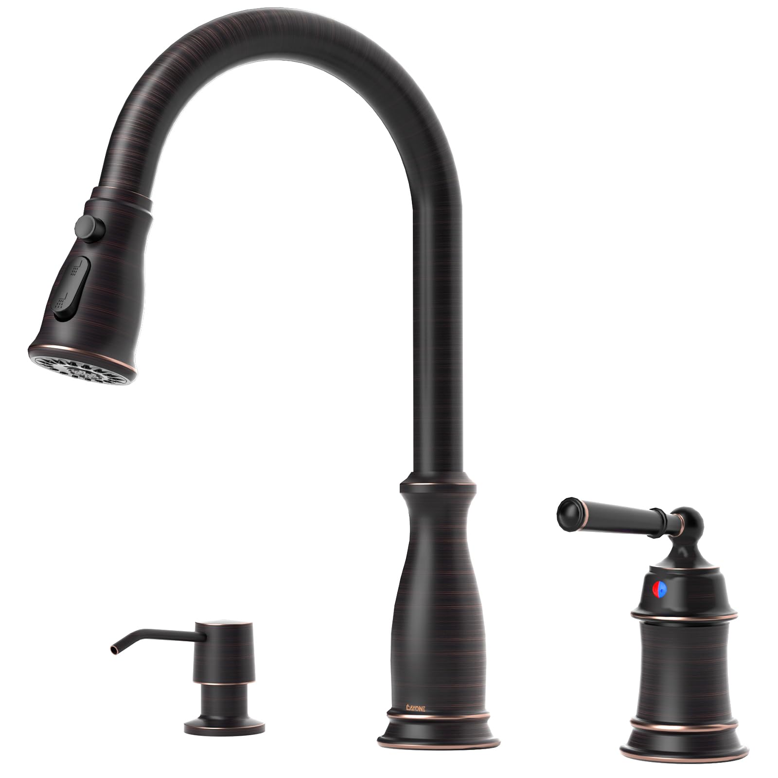 DAYONE 3-Hole Kitchen Sink Faucet with Soap Dispenser & Separate Handle - Oil Rubbed Bronze Pull Down Sprayer, High Arc Single Handle Design (DAY-279ORB) - Perfect for Modern Kitchens & Food Prep Stations