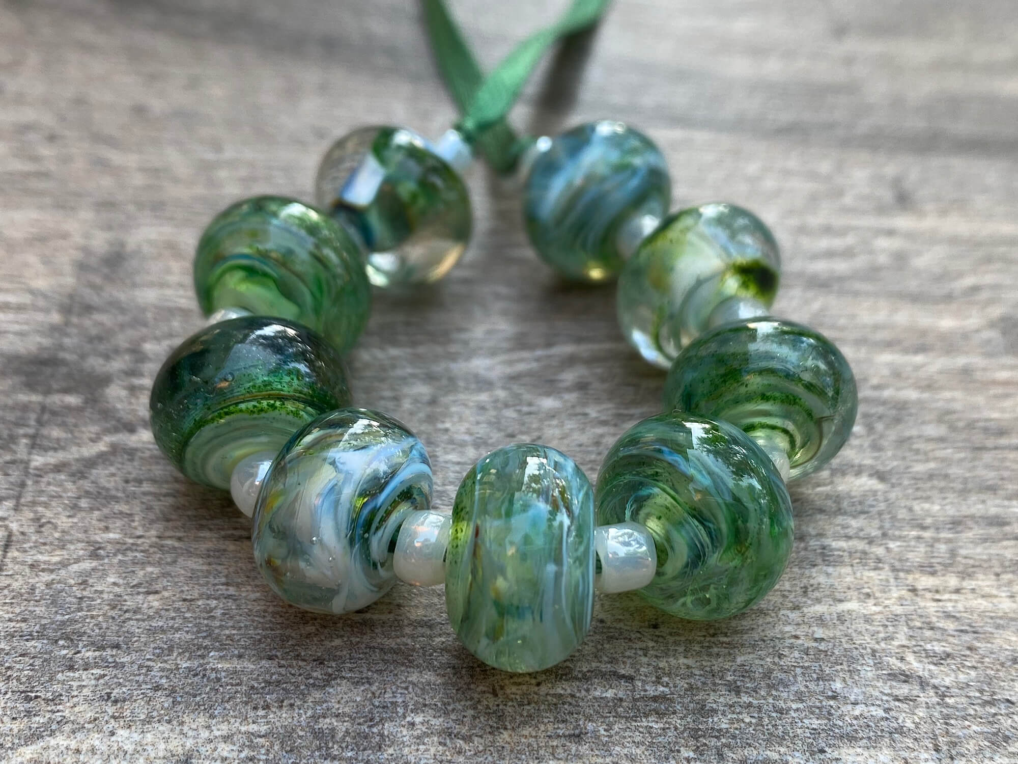 9-Piece Green Mist Lampwork Glass Beads Set for Jewelry Making - DIY Bracelet, Necklace & Craft Projects - Handmade SRA Glass Beads for Boho, Wedding & Gift Designs