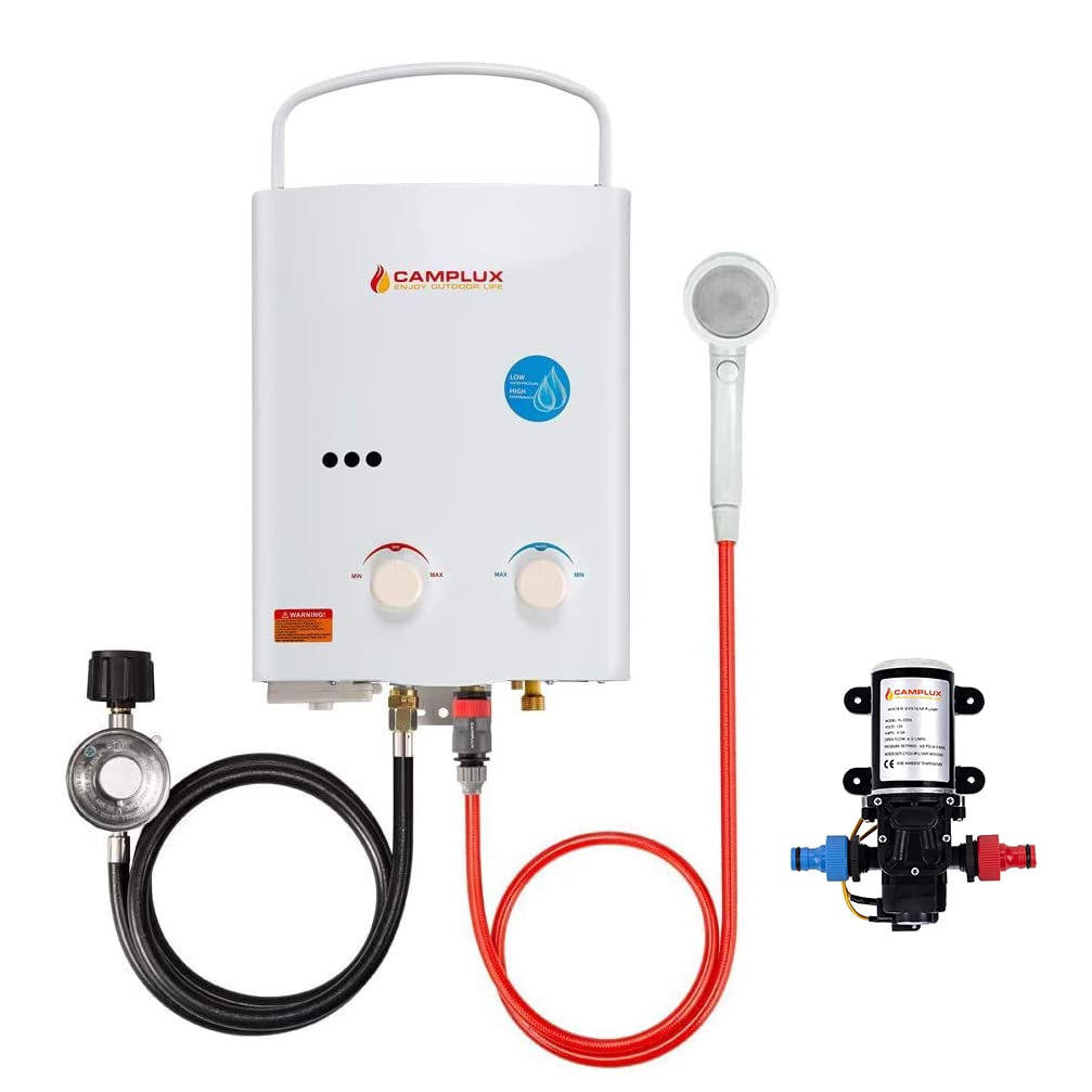 **Camplux 5L Outdoor Portable Tankless Propane Water Heater - 1.32 GPM, 12V Water Pump for RV, Camping, Barns, Off-Grid Showers (White) | Instant Hot Water for Washing, Cooking & Outdoor Adventures**