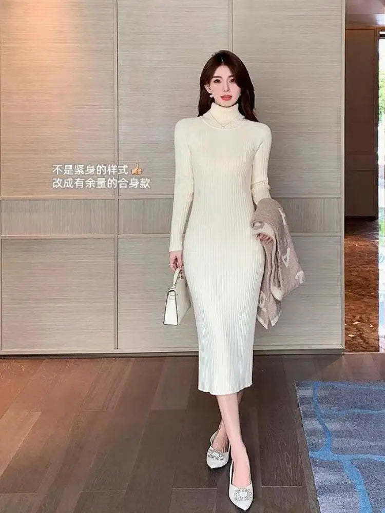 Women's White & Black Knit Sweater Dress - Long Sleeve Turtleneck Wrap Hip Dress for Fall Winter | Casual Office Wear & Holiday Outfit