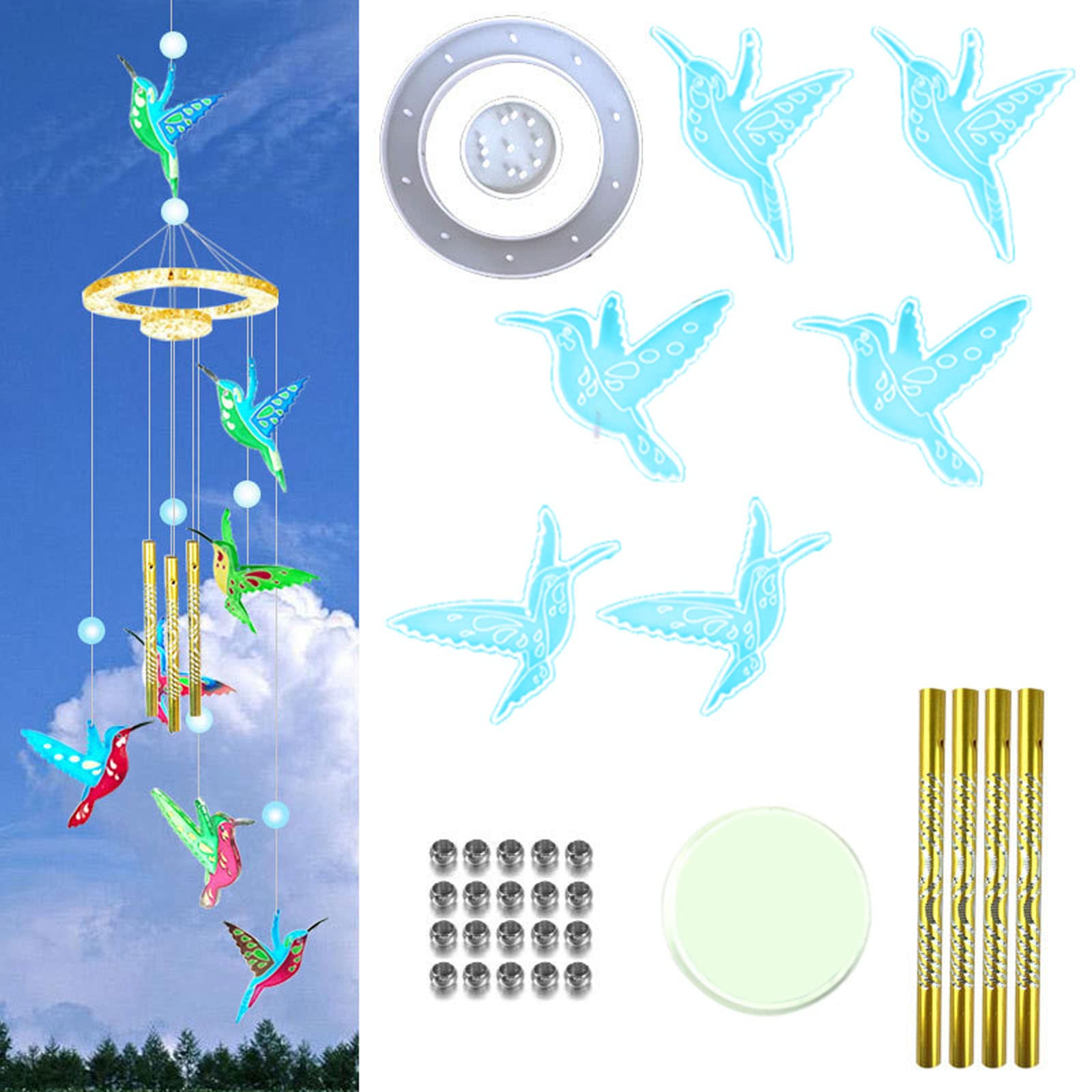 Hummingbird Wind Chime Resin Molds - DIY Silicone Casting Mold Kit with Material Package for Handmade Garden Decor (Blue) | Perfect for Outdoor Patio, Backyard Decorations & Unique Gift Ideas