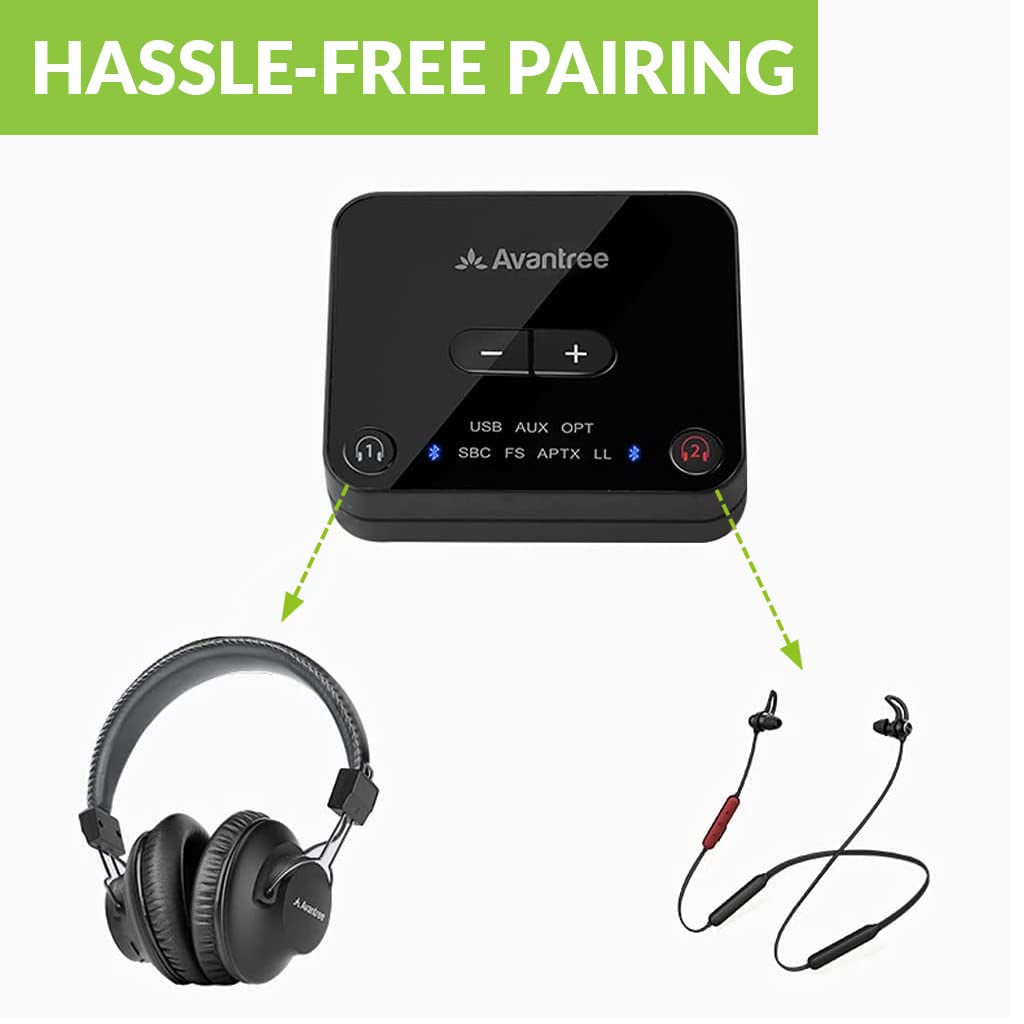 Avantree D4169 Dual Bluetooth 5.0 Wireless Headphones - Over Ear & In Ear Combo with Low Latency Transmitter for TV Watching, Neckband Design, Personalized Volume Control, Plug & Play - Perfect for Home Theater, Gaming, and Workout Sessions