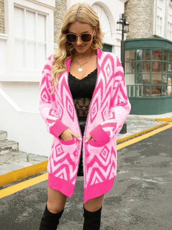 Vintage Diamond Knit Cardigan Sweater for Women - Mid Length Retro Pullover - Perfect for Fall Layering & Casual Outfits