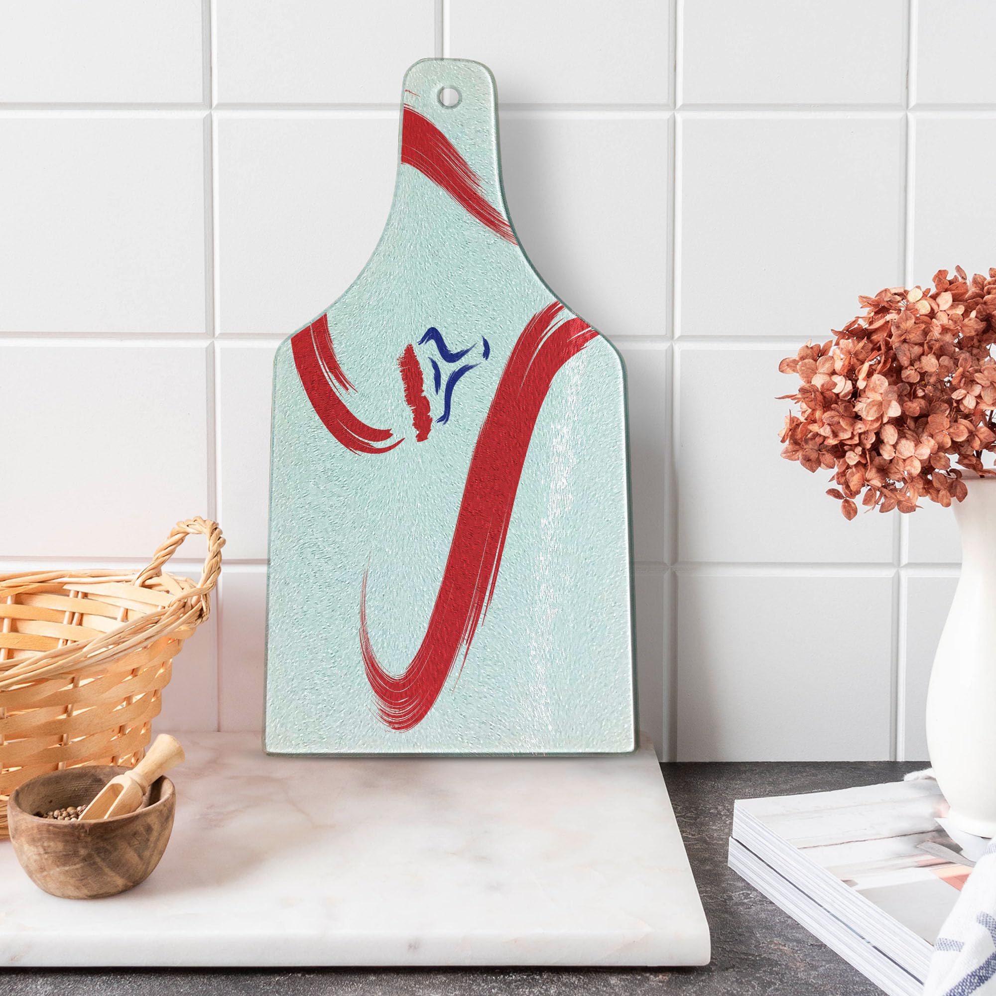 Ambesonne Love Heart Cutting Board - Romantic Brush Drawing Heart Symbol, Tempered Glass Serving Board for Kitchen & Dining - Unique Wine Bottle Shape, Red Blue White Design - Perfect for Valentine's Day Gifts, Anniversary Presents & Couples Cooking Together
