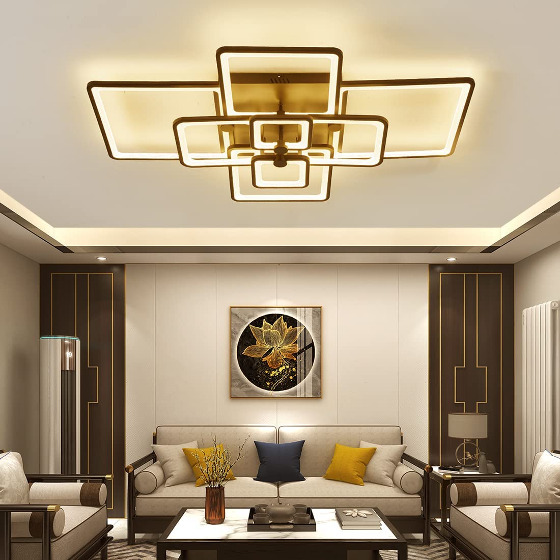 Modern 41.7in Dimmable LED Ceiling Light Fixture - 8 Square Black Flush Mount Light with Remote Control, 120W for Living Room, Bedroom & Dining Room | Energy-Efficient Home Lighting Solution