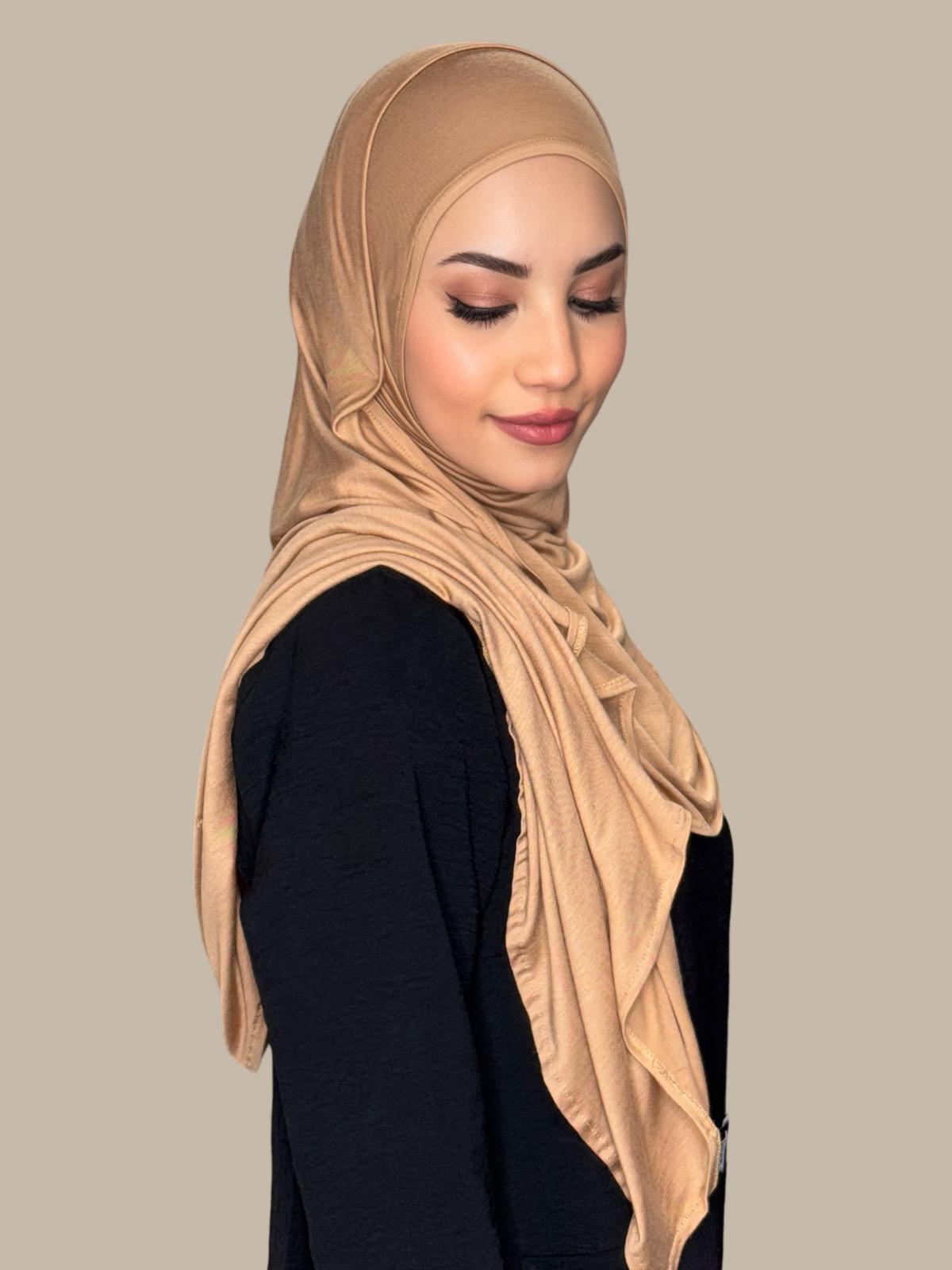 Honey Color Pre-Sewn Jersey Hijab - Soft & Comfortable Muslim Headscarf for Daily Wear & Special Occasions