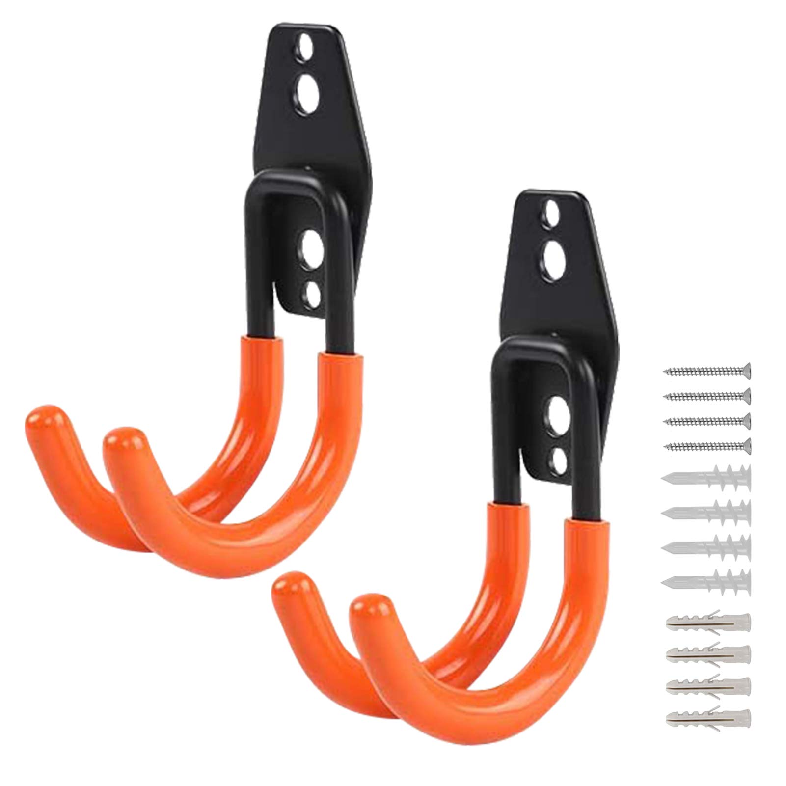 Heavy Duty Bike Wall Hooks 2 Pack - J-Shaped Steel Garage Storage Hangers for Bicycles, Ladders, Garden Tools & Bulky Items - Anti-Slip Orange Coating - Perfect for Garage, Shed & Workshop Organization