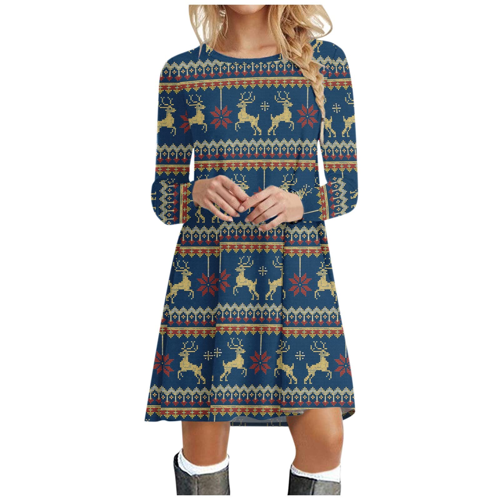 Women's Long Sleeve Tie Dye Christmas Print T-Shirt Dress - Flowy Casual Round Neck Swing Mini Tunic Dress for Holiday Parties & Everyday Wear