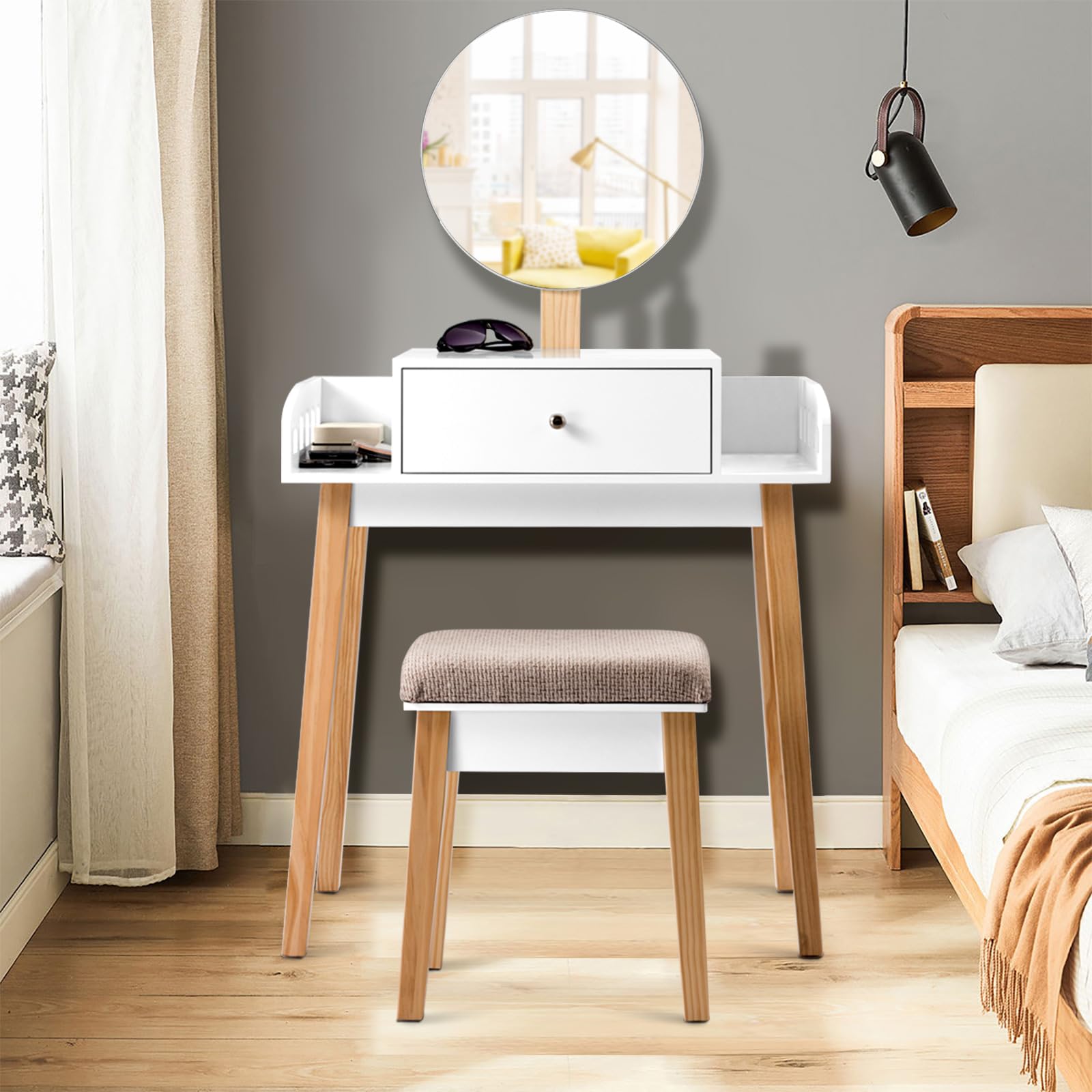 GOFLAME Vanity Dressing Table Set with Cushioned Stool & Adjustable Mirror - Modern Makeup Desk with Large Drawer for Bedroom, Home Office - Perfect for Makeup Application & Home Decor (White)