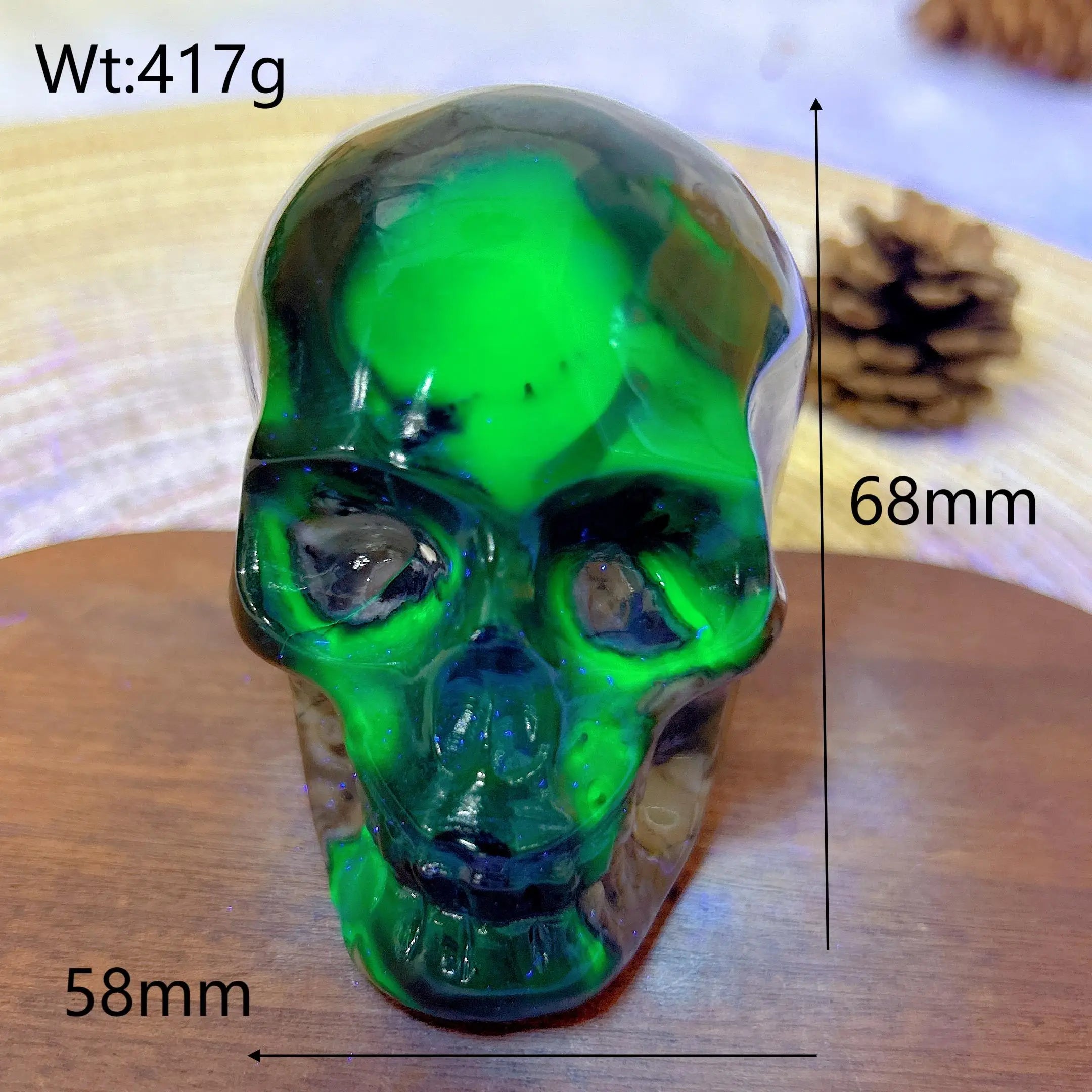 Natural Volcanic Agate Skull Carving with UV Light Effect - Green Flashy Healing Crystal for Energy, Home Decor & Spiritual Gifts | Perfect for Meditation, Feng Shui & Unique Gift Giving