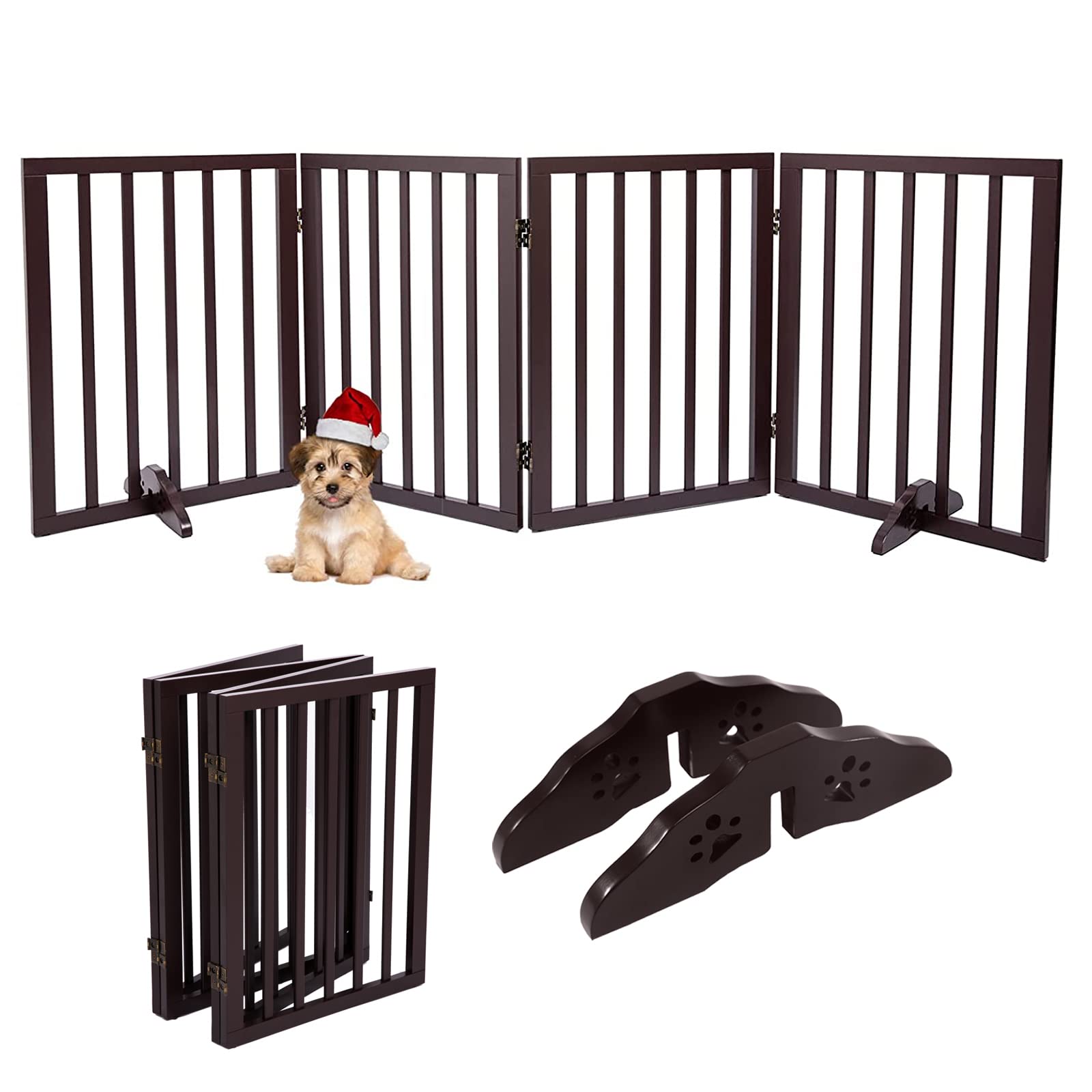 Foldable Wooden Pet Gate for Dogs - 24 Inch Wide Free-Standing Indoor Dog Playpen with 4 Panels & Support Feet - Safety Barrier for Doorways, Puppies, and Home Use - Perfect for Living Rooms, Hallways, and Staircases