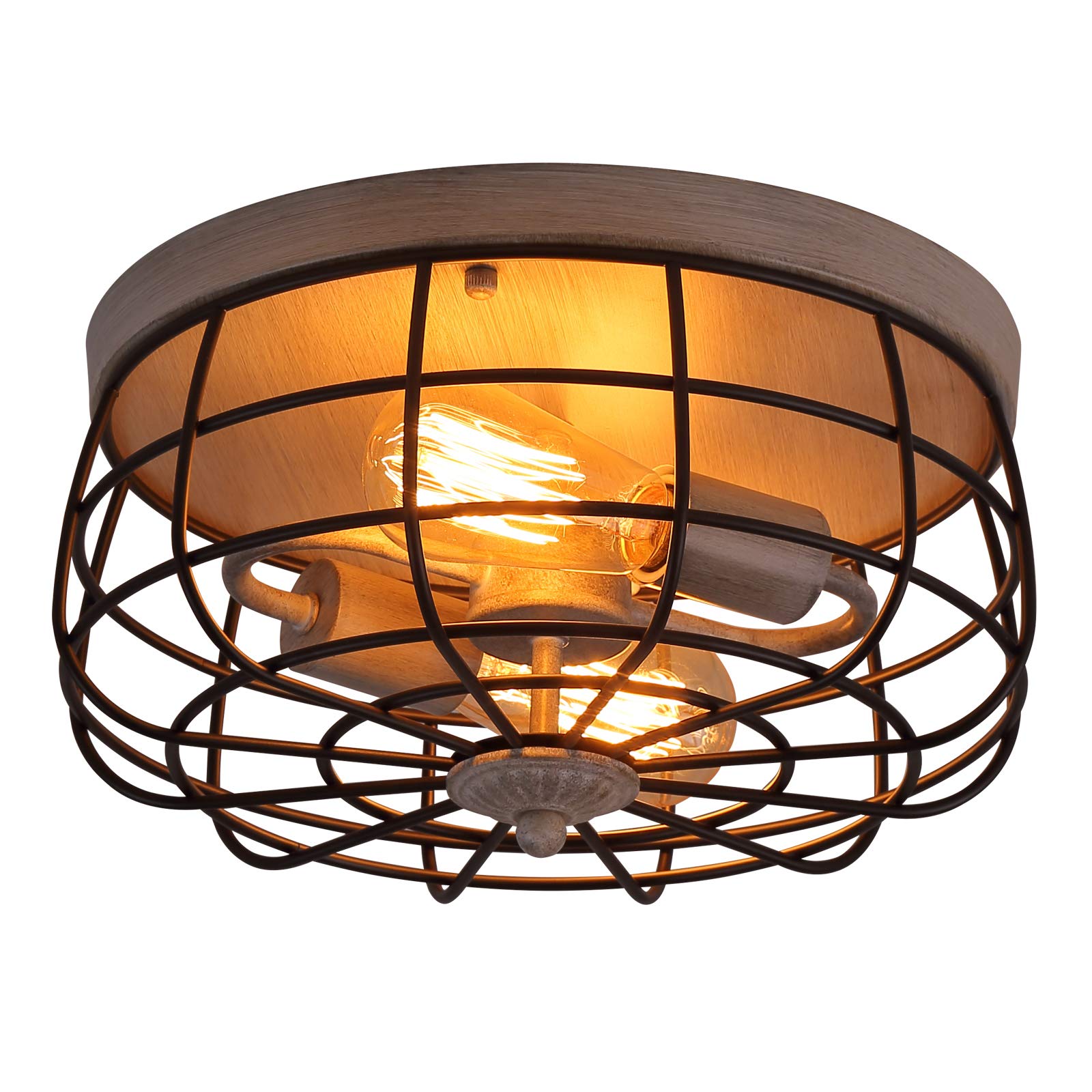 Q&S Industrial Farmhouse Semi Flush Mount Ceiling Light Fixture - ORB & Oak White Cage Rustic Lighting for Hallway, Entryway, Stairway, Kitchen, Bedroom, Dining Room, Bathroom - 2 Lights UL Listed - Perfect for Vintage Home Decor and Cozy Ambiance