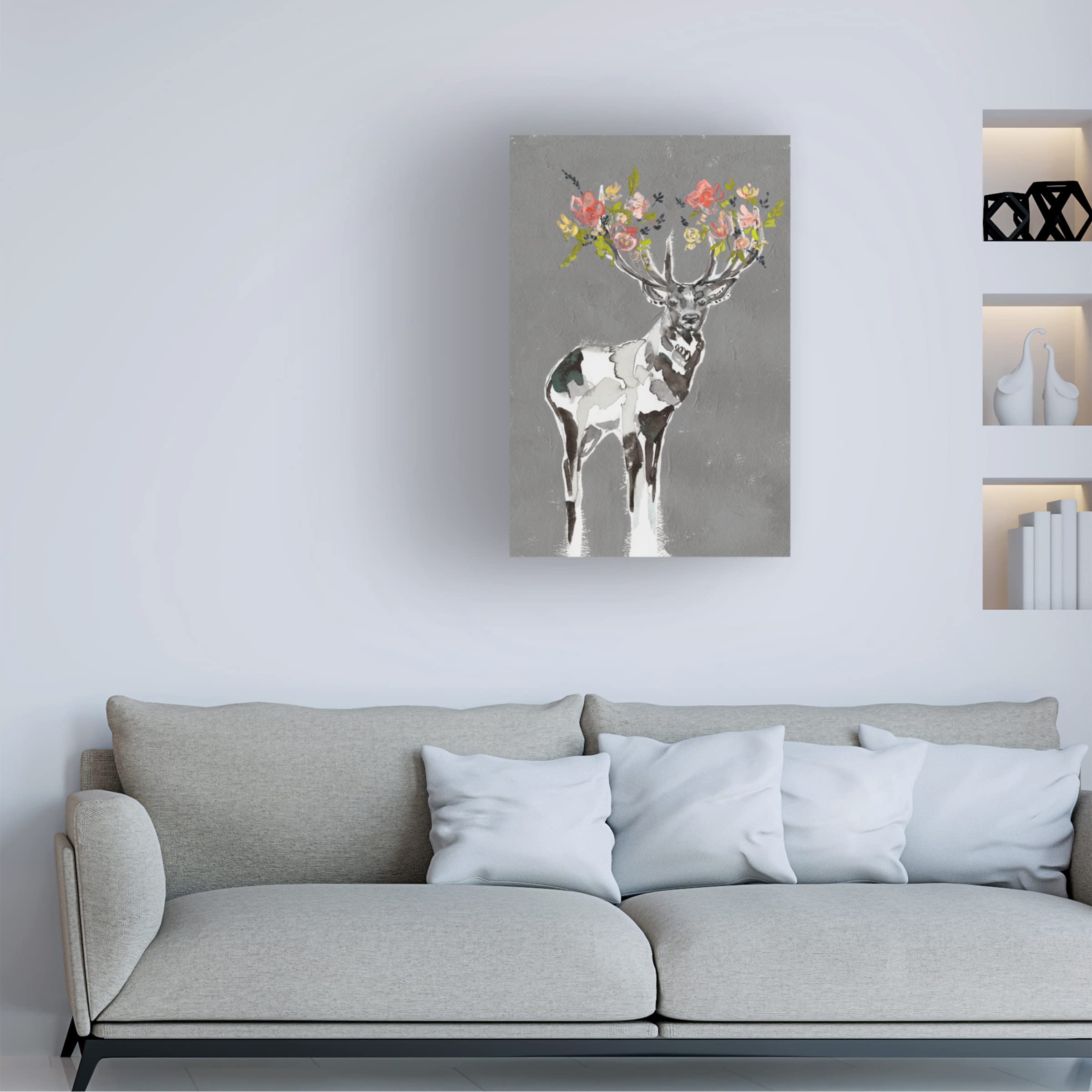 Jennifer Goldberger 'Deer And Flowers I' Canvas Art Print - Nature Inspired Wall Decor for Living Room, Bedroom & Office - Trademark Fine Art Collection