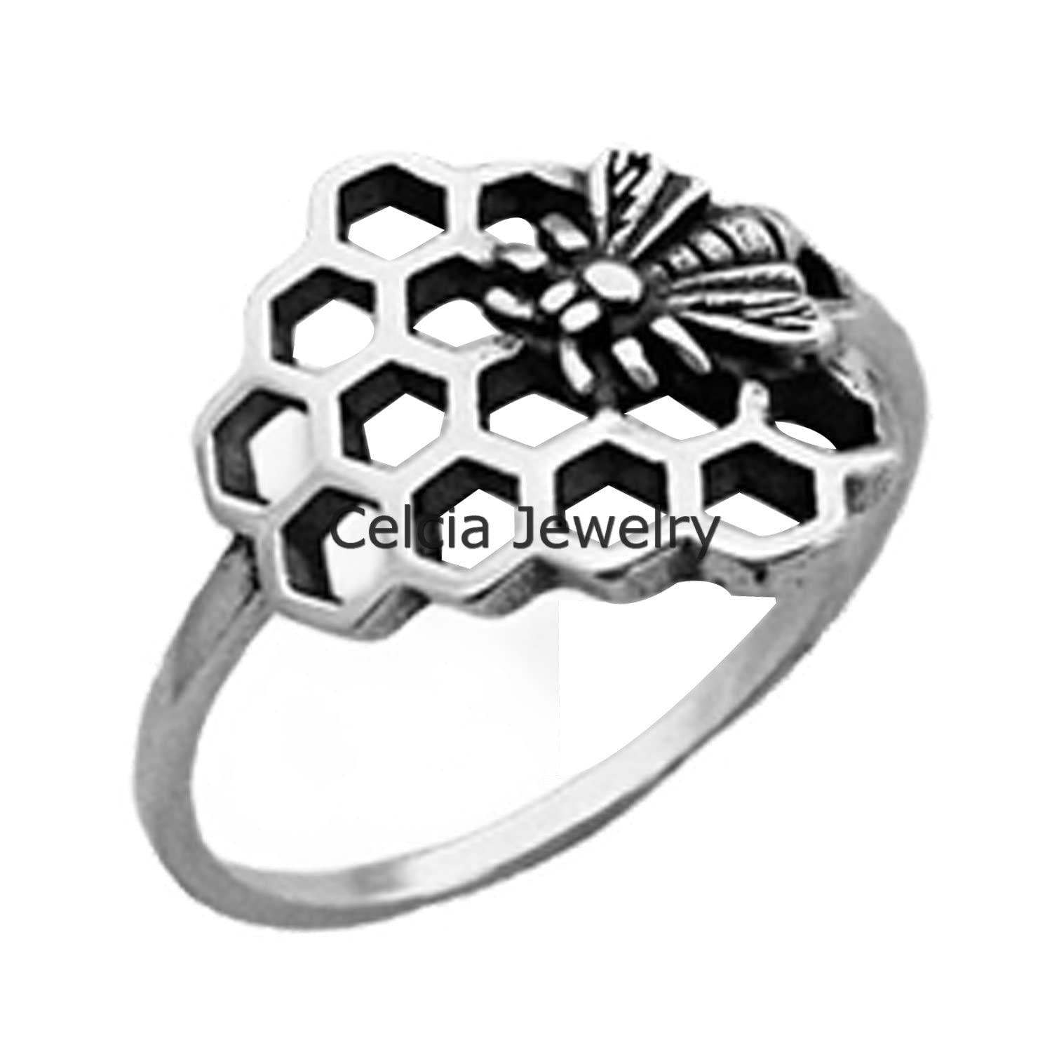 925 Sterling Silver Honeycomb Bee Ring - Delicate Boho Bohemian Jewelry, Minimalist Honey Bumblebee Ring for Women, Unique Mother's Day Gift (Size 7) - Perfect for Everyday Wear, Special Occasions & Nature-Inspired Fashion