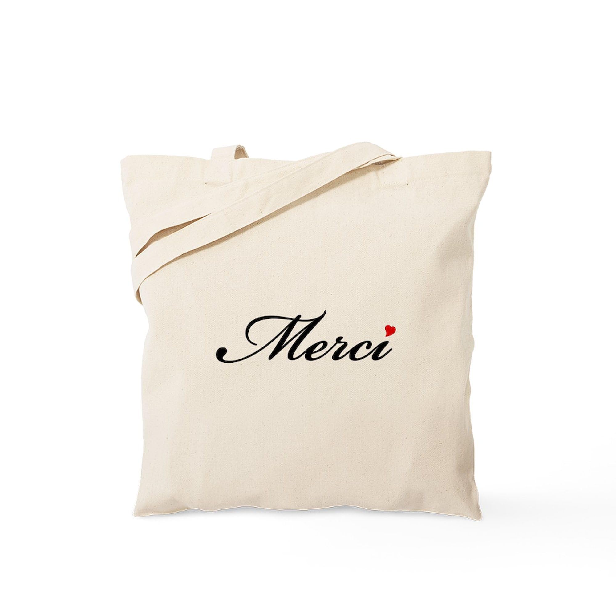 Merci French Word Art Red Heart Tote Bag - Natural Canvas Reusable Shopping Bag for Groceries, Beach & Everyday Use