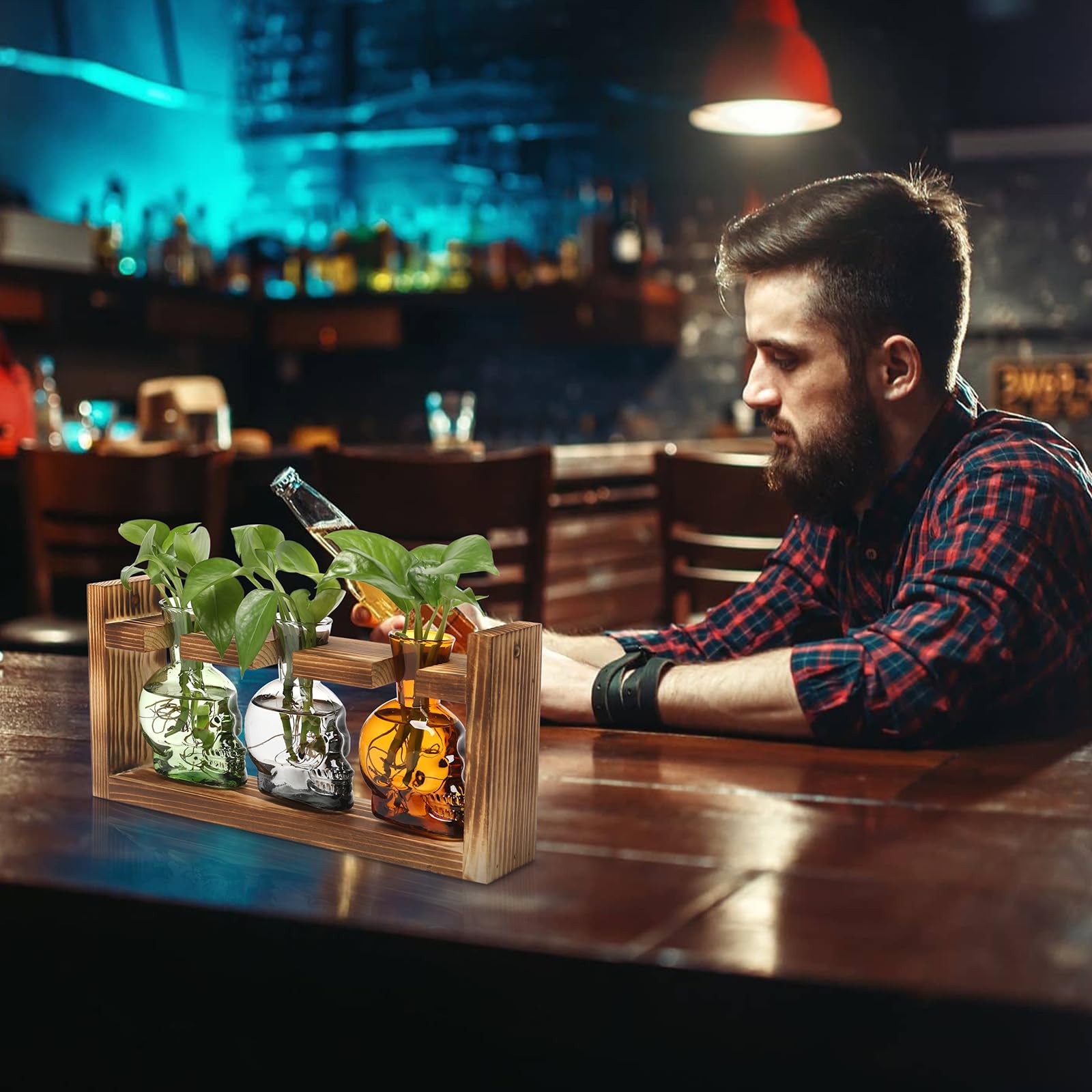Glass Plant Terrarium with Wooden Stand - Hydroponic Propagation Station, Halloween Skull Planter Vase for Home Decor, Unique Gift for Dad | Perfect for Indoor Gardening, Gothic Decor & Father's Day Presents