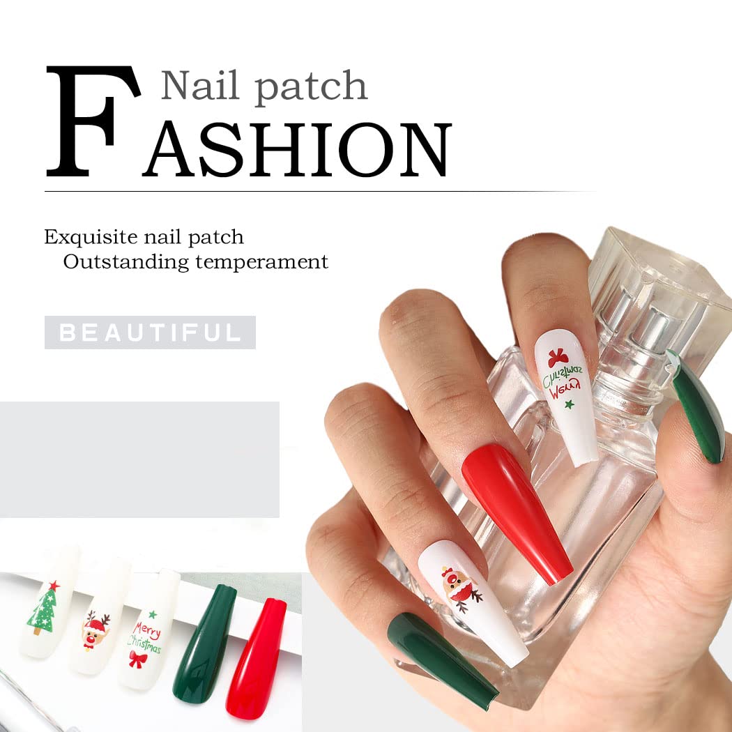 Extra Long Press on Nails - Snowflake Red Christmas Fake Nails with Elk Ballerina Glossy Finish | Full Cover False Nails Santa Claus Acrylic Tips for Women & Girls (30 PCS, Pattern-A) | Perfect for Holiday Parties, Gift Giving & Festive Nail Art