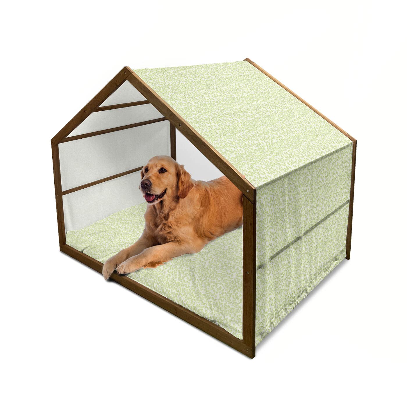 Ambesonne Wooden Dog House - X-Large Green Ecru Indoor/Outdoor Portable Pet Kennel with Pillow & Cover | Watercolor Tea Leaf & Branch Design | Contemporary Art Style for Home, Garden, Patio or Backyard Use