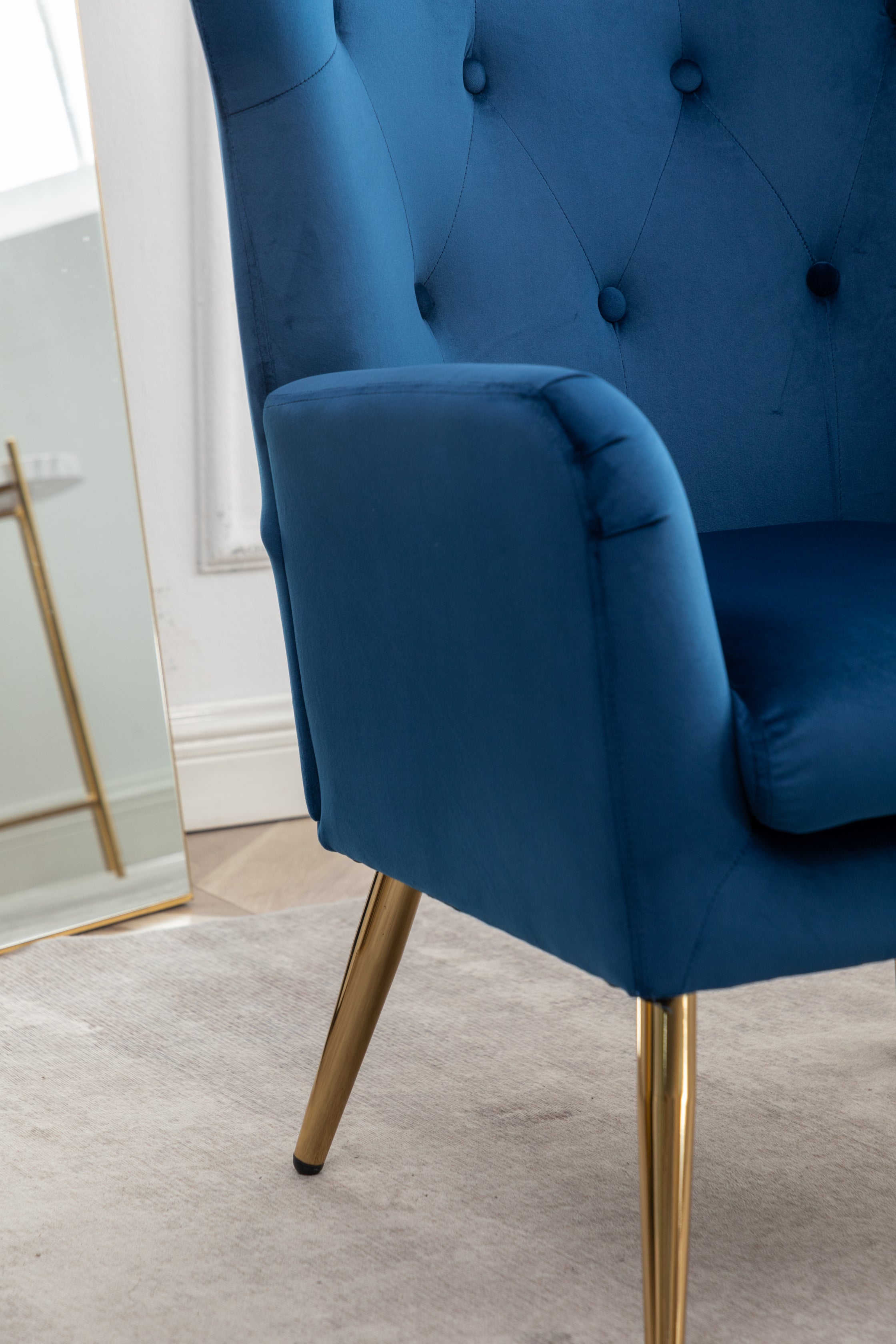 Roundhill Furniture Sovarol Velvet Button Tufted Wingback Accent Chair - Blue Velvet Upholstered Living Room Chair for Home Office, Bedroom & Lounge Decor