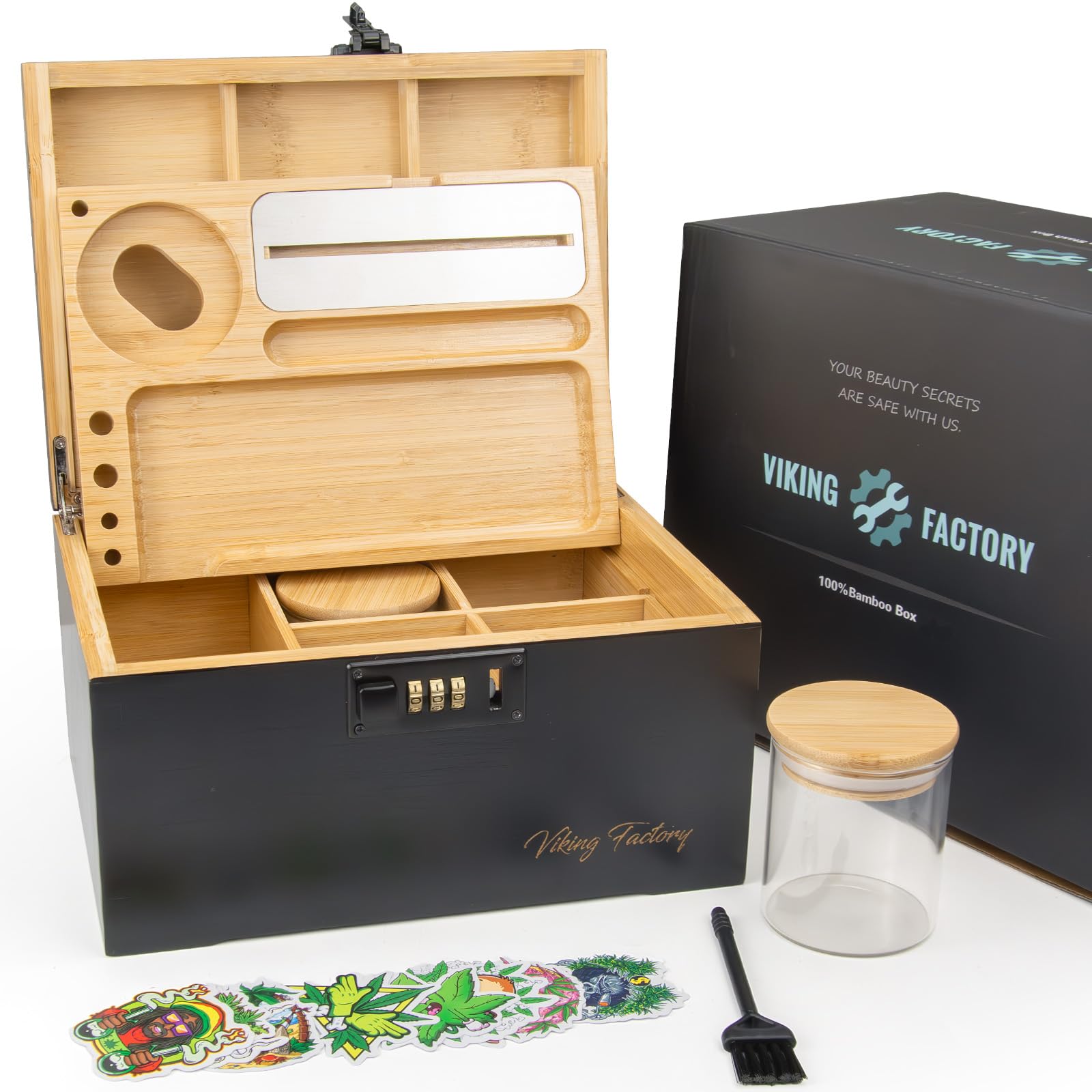 Viking Factory Large Bamboo Storage Box with Combination Lock - Decorative Home Organizer with Upgraded Tray, Glass Jars & Accessory Tools (Black) | Perfect for Jewelry Storage, Office Supplies & Home Decor Organization