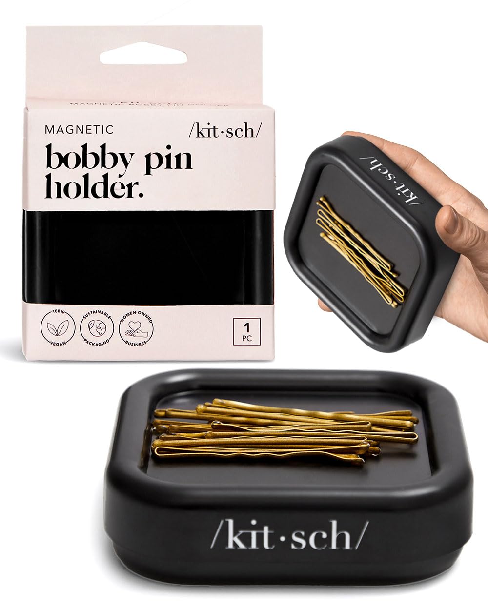 Kitsch Magnetic Bobby Pin Holder - Strong Magnetic Desk & Vanity Organizer for Hair Clips, Bobby Pins & Paper Clips - Black (1 Pc) | Perfect for Home, Office & Travel Organization