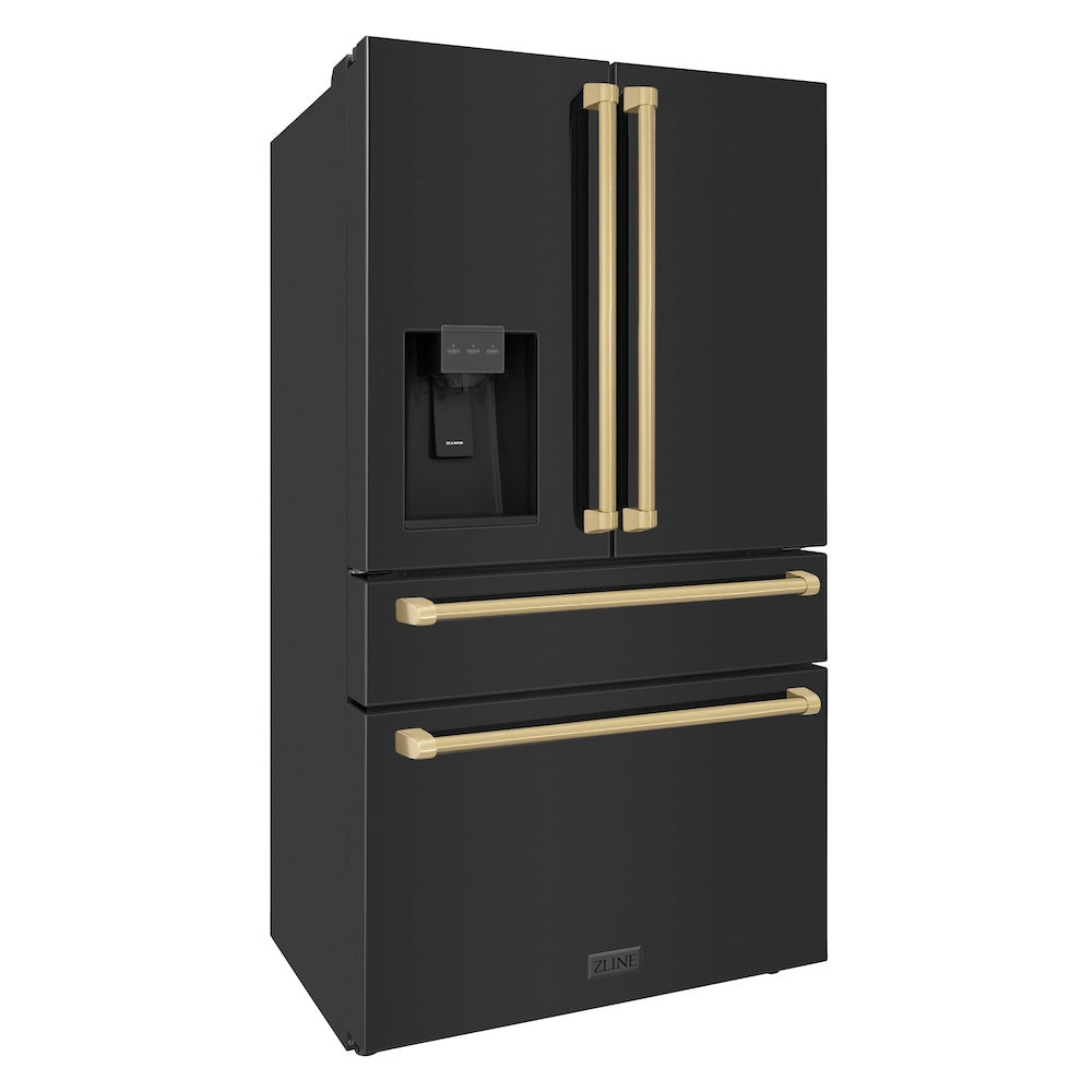 ZLINE Autograph Edition 36 Inch Counter Depth French Door Refrigerator - 21.6 cu ft Capacity, Fingerprint Resistant Black Stainless Steel, Built-In Water and Ice Dispenser with Champagne Bronze Handles (RFMZ W 36 BS CB) - Perfect for Modern Kitchens, Open Concept Homes & Entertaining