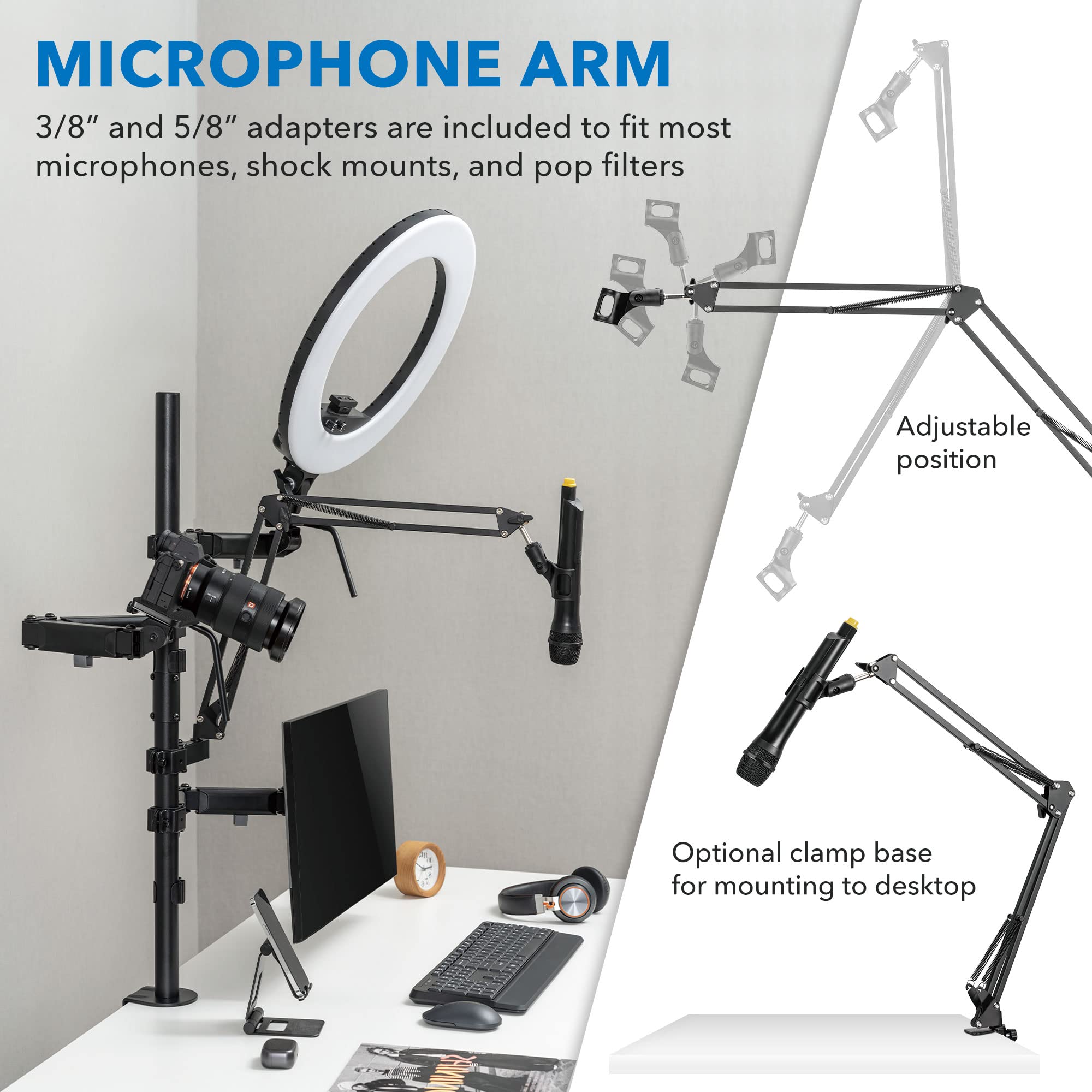 Mount-It! All-in-One Live Streaming Kit - 4 Arm Desk Mount for Monitor, Webcam & Ring Light with Microphone Stand - Perfect YouTube & Facebook Recording Setup for Gamers, Podcasters & Content Creators