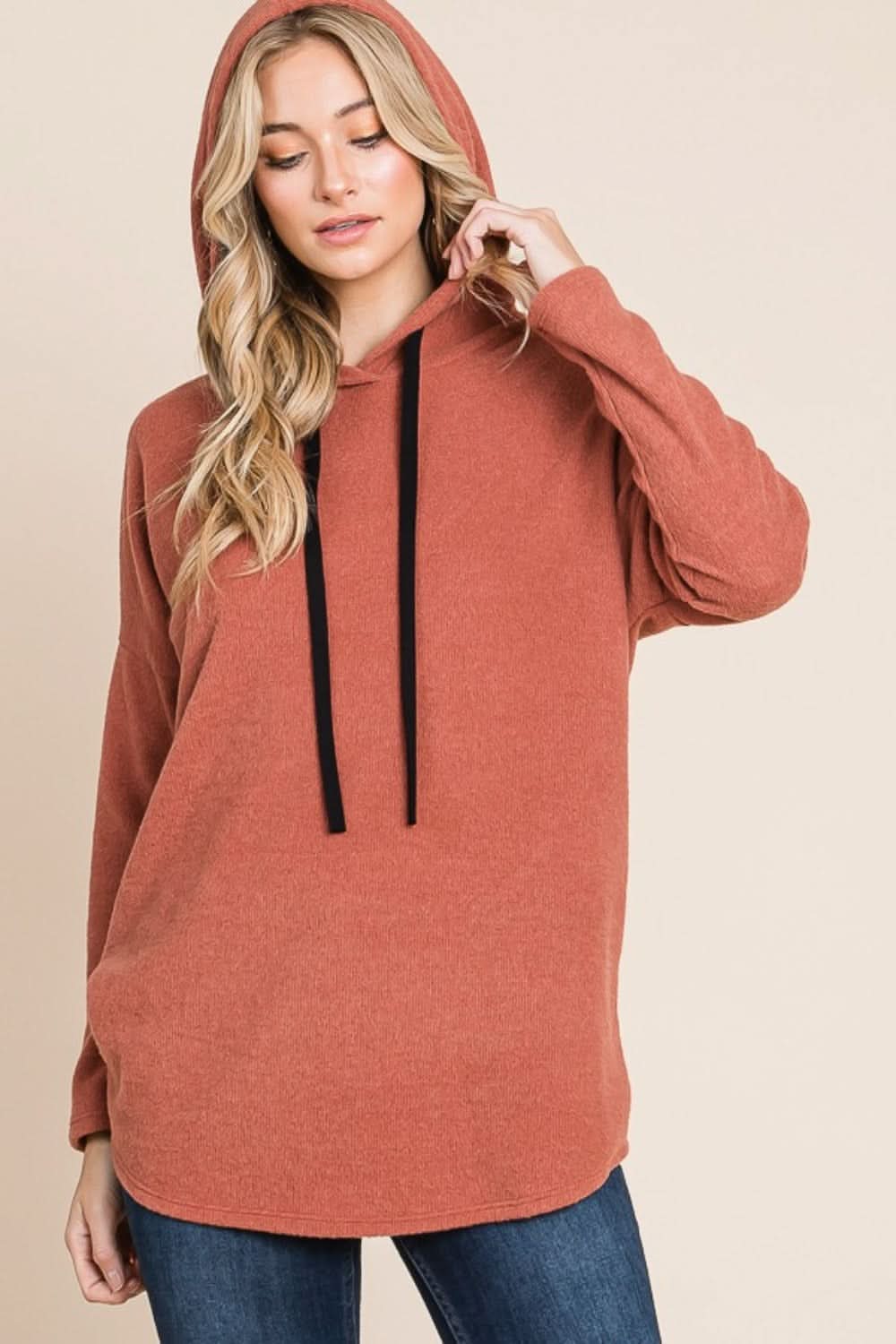 BOMBOM Contrast Drawstring Drop Shoulder Knit Hoodie for Women - Stylish Oversized Pullover Sweatshirt for Casual Wear, Street Fashion & Loungewear