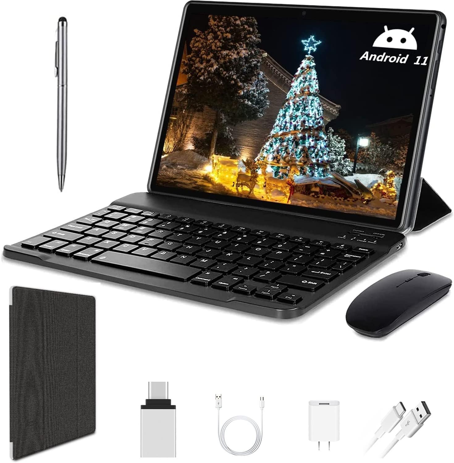 DUODUOGO 10 Inch Android 11 Tablet with Keyboard - 2-in-1 Quad-Core Tablet, 64GB ROM + 4GB RAM, Expandable to 128GB, Dual Band WiFi, Dual Camera, 6000mAh Battery - Perfect for Work, Study & Entertainment (Black)