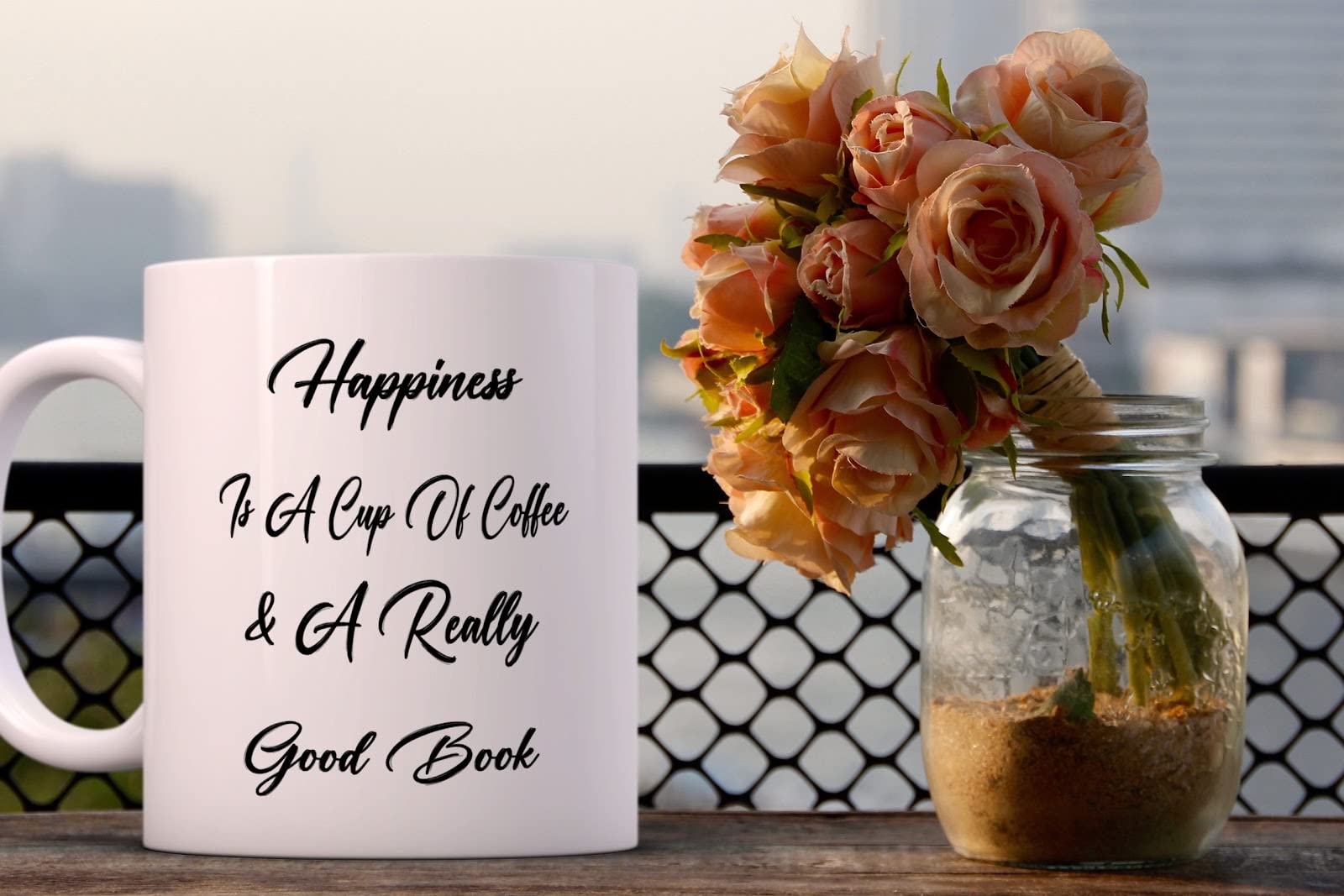 Ceramic Coffee Mug with 'Happiness is a Cup of Coffee & a Really Good Book' Quote - 15oz Insulated Travel Mug for Home, Office & Reading Nook - Perfect Gift for Book Lovers & Coffee Enthusiasts