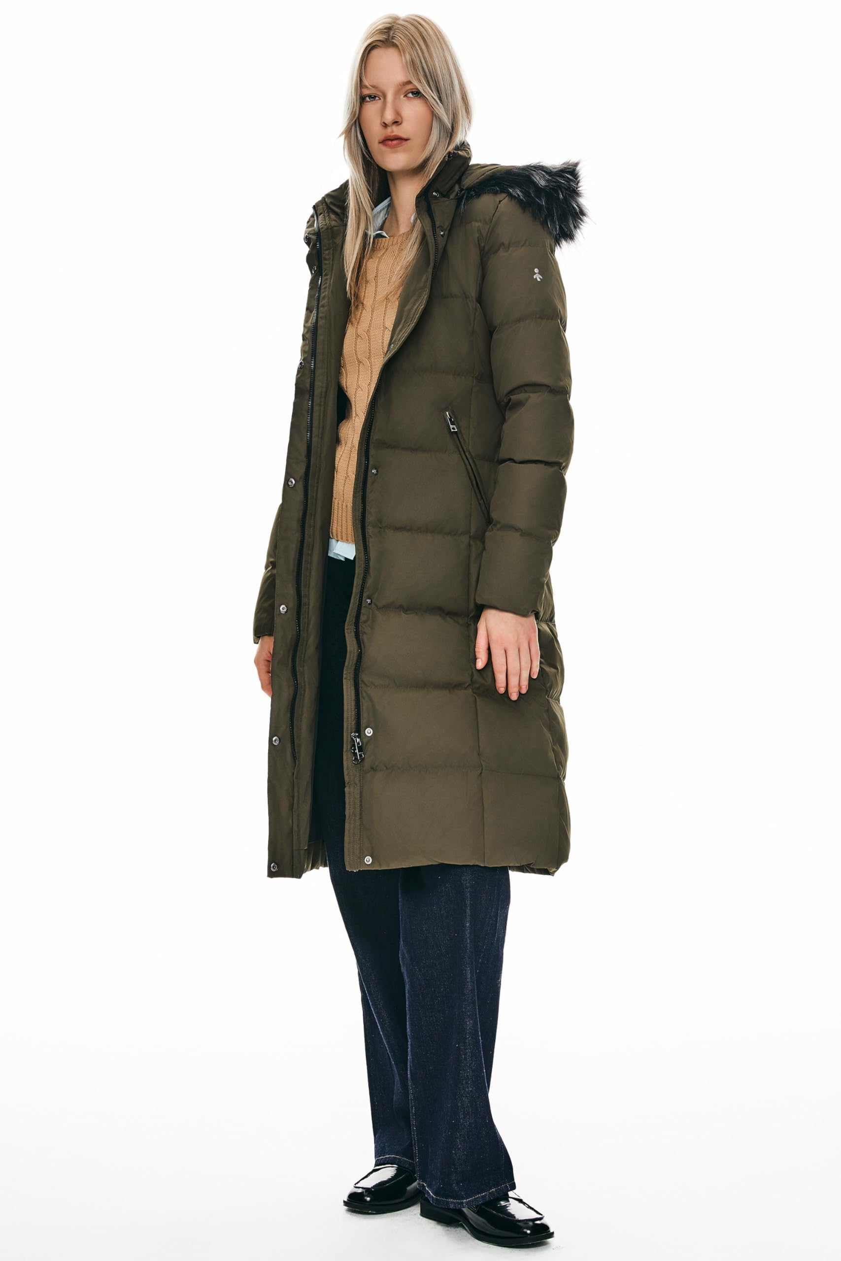 Orolay Women's Quilted Down Jacket - Winter Long Coat with Hood & Stand Collar - Warm Waterproof Parka for Outdoor Activities, Skiing, and Cold Weather Fashion