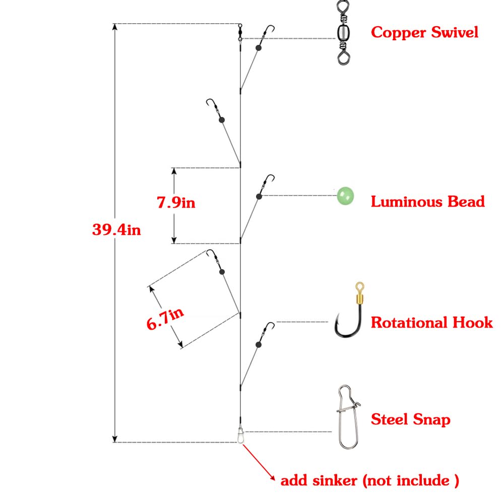 5-Piece Fishing Hook Rig with 7-Strand Nylon Coated Leader - Includes Swivel, Snap & Hooks for Saltwater & Freshwater Fishing - Perfect for Bass, Trout & Catfish Angling