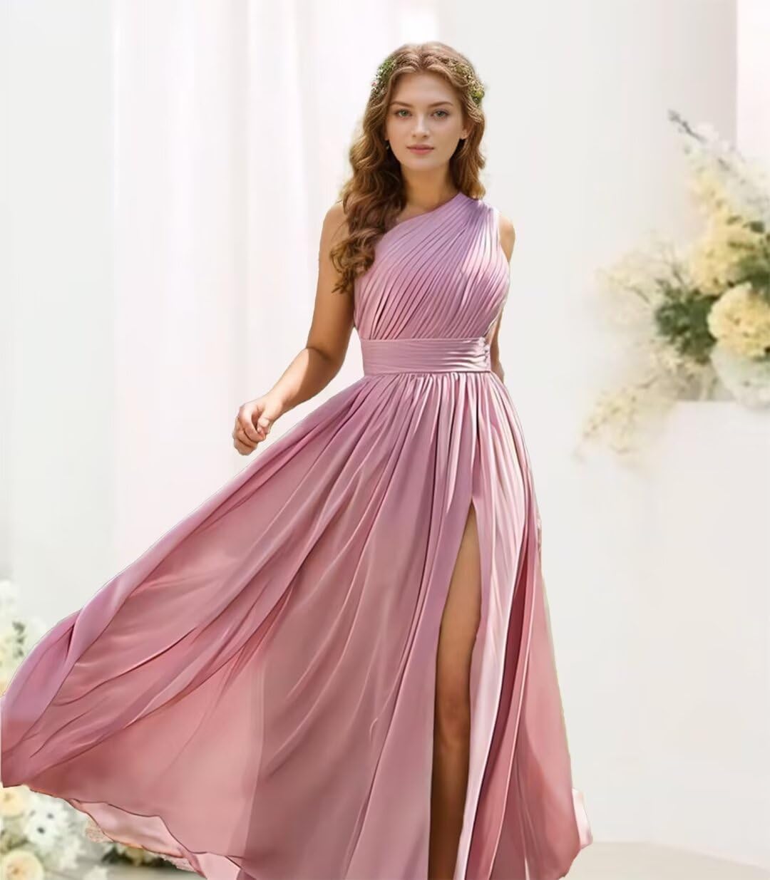 Elegant One Shoulder Bridesmaid Dress 2024 - Flowy Chiffon Long Formal Gown for Weddings, Prom & Special Occasions