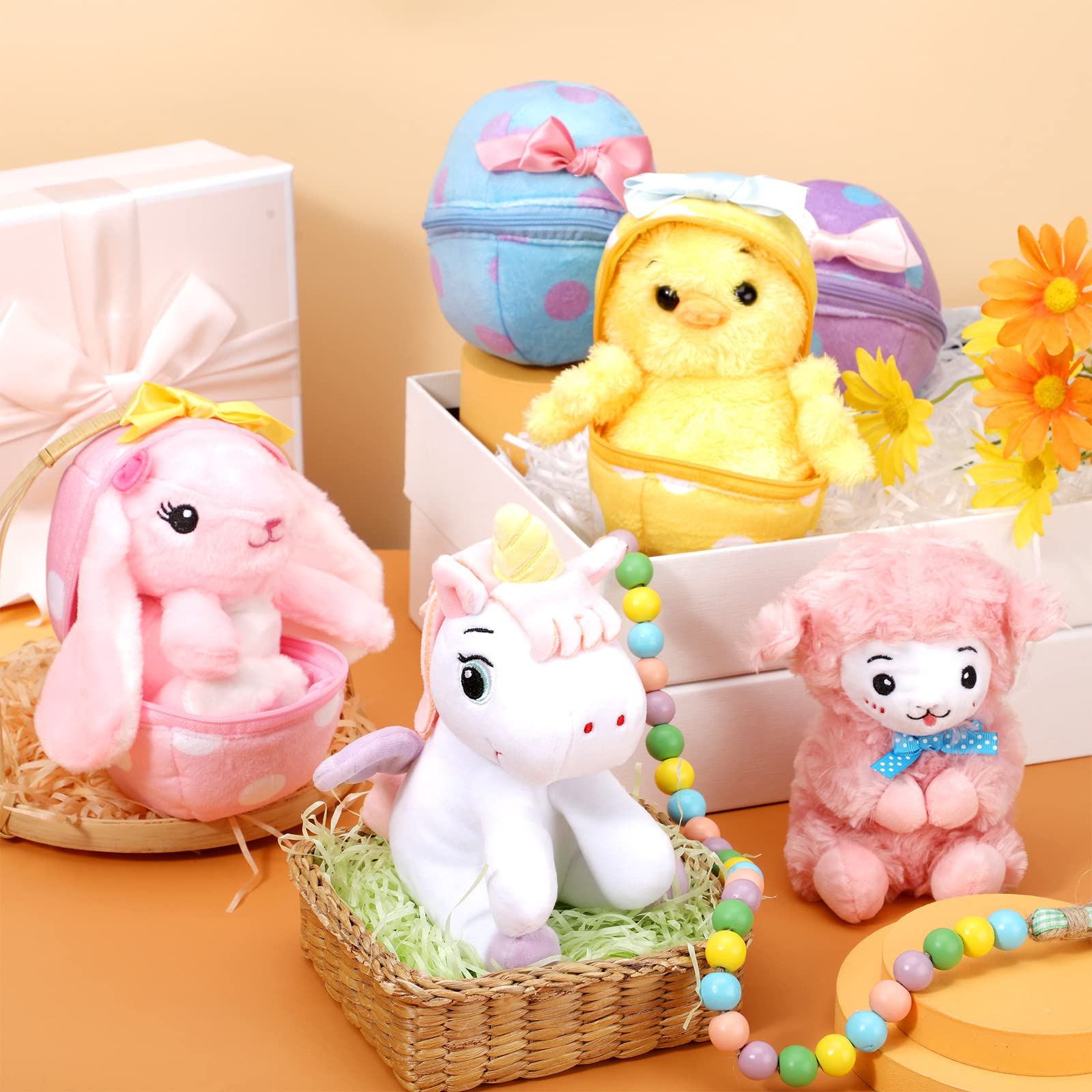 Skylety 4-Pack 6-Inch Easter Egg Stuffed Animals with Llama, Unicorn, Chick & Rabbit Plush Toys - Perfect for Easter Basket Stuffers, Gift Exchanges, Party Favors & Spring Celebrations