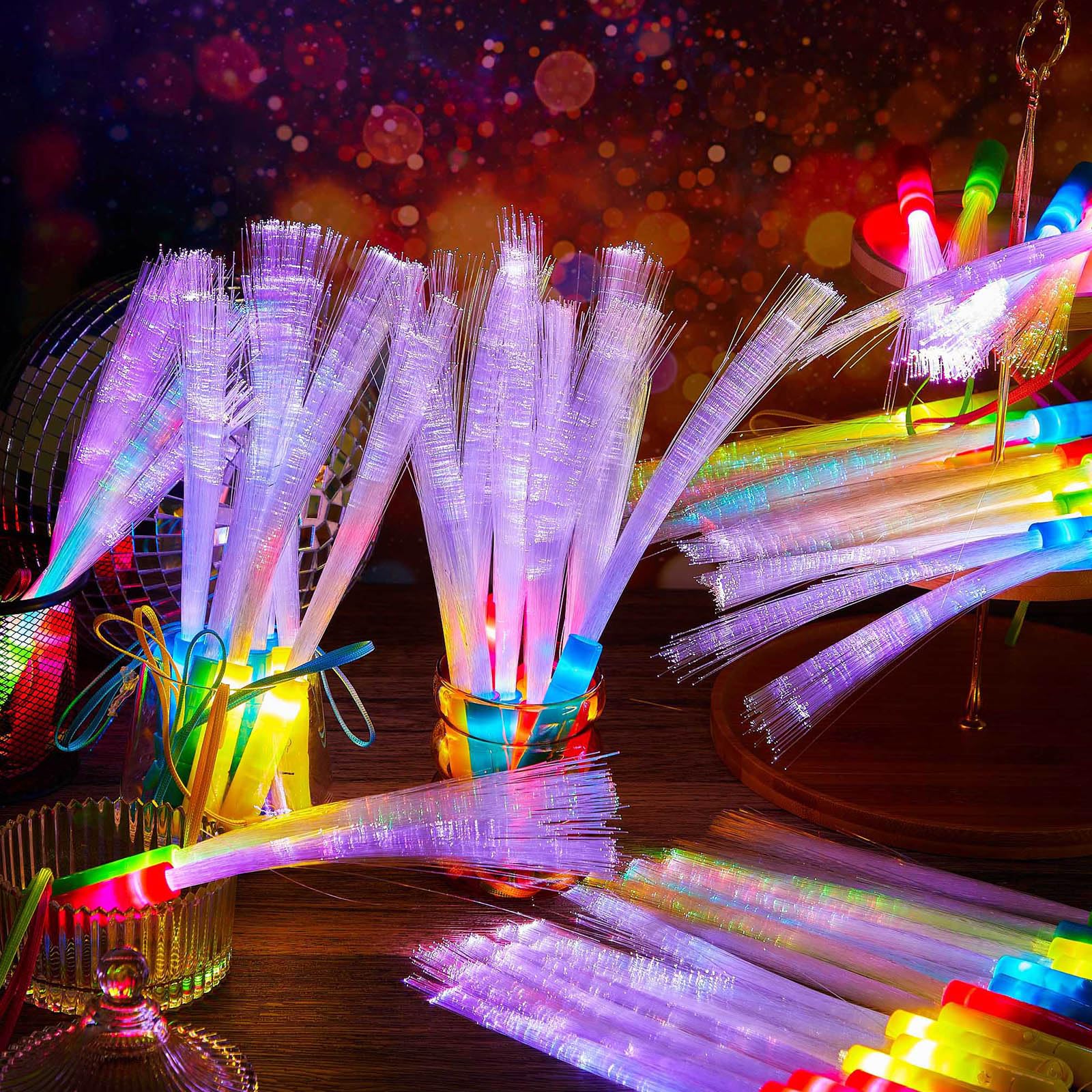 Lewtemi 300 Pcs Glow Fiber Optic Wand LED Flashing Sticks - Colorful Battery Operated Light Up Party Favors for Raves, Concerts, Nightclubs & Birthday Celebrations